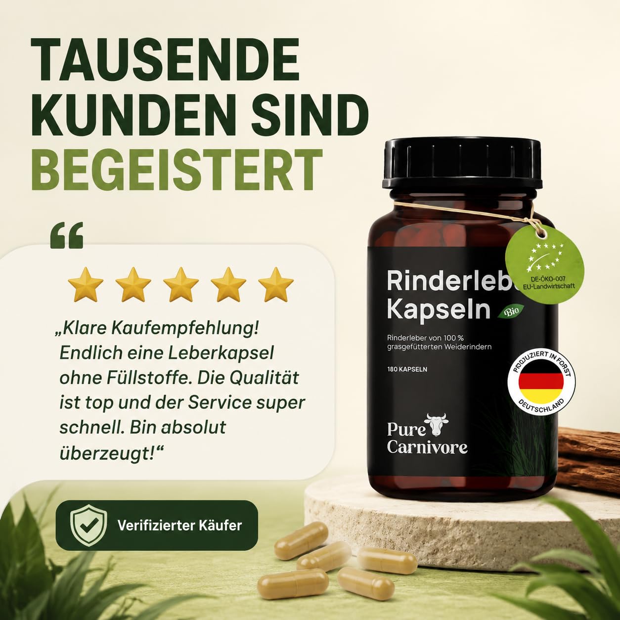 Bio Rinderleber Kapseln 180 Stück | 30-Tage-Packung | Weiderinder | Natürliches Vitamin A, B12, Eisen, B2, B3, B5, Folsäure, Kupfer | Für Keto- & Paleo-Ernährung