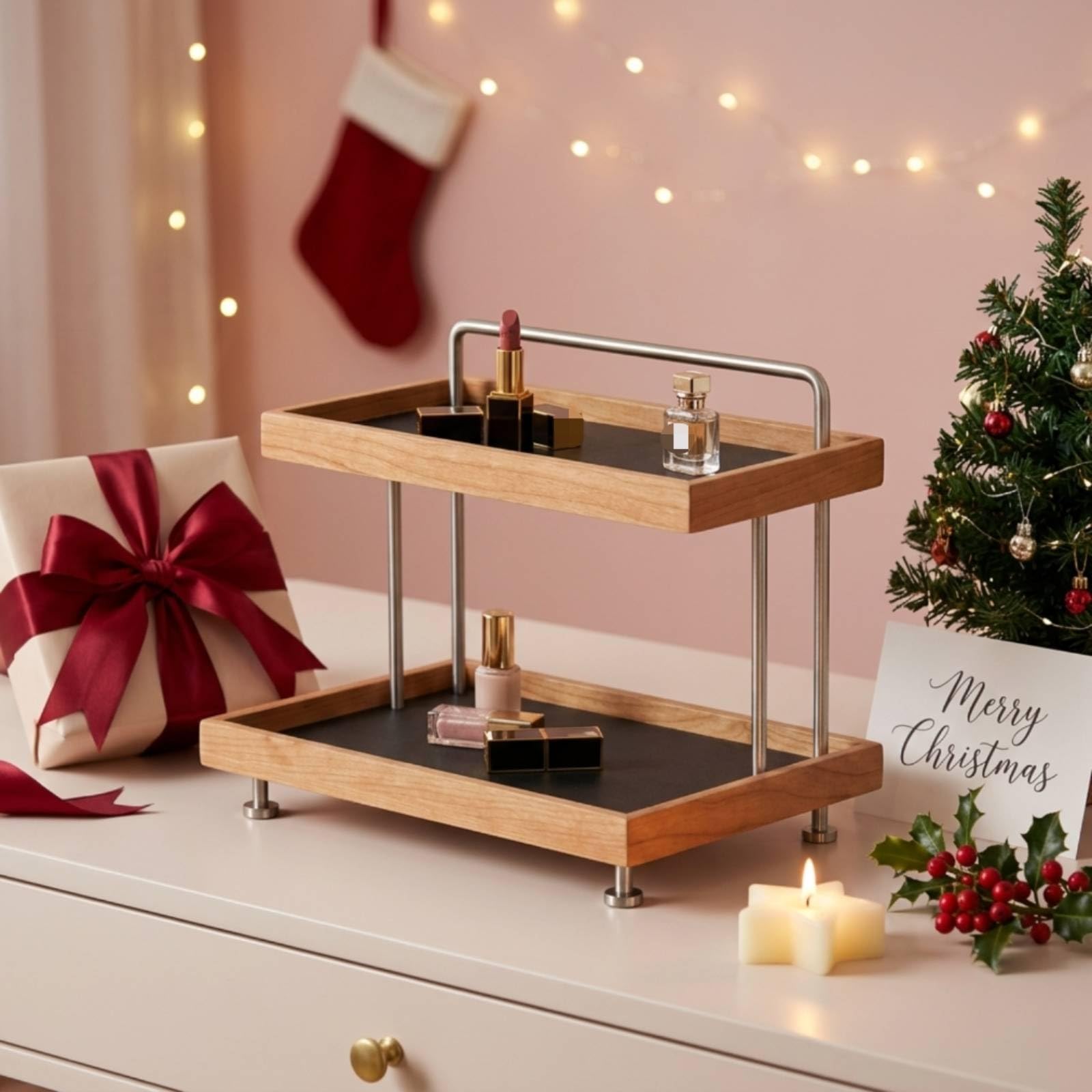 LOVIVER Estante de Maquillaje Organizador Tocador Repisa Bandeja Soporte de Almacenamiento de Dos Niveles con Madera de Cerezo y Soportes de Acero Cepillado