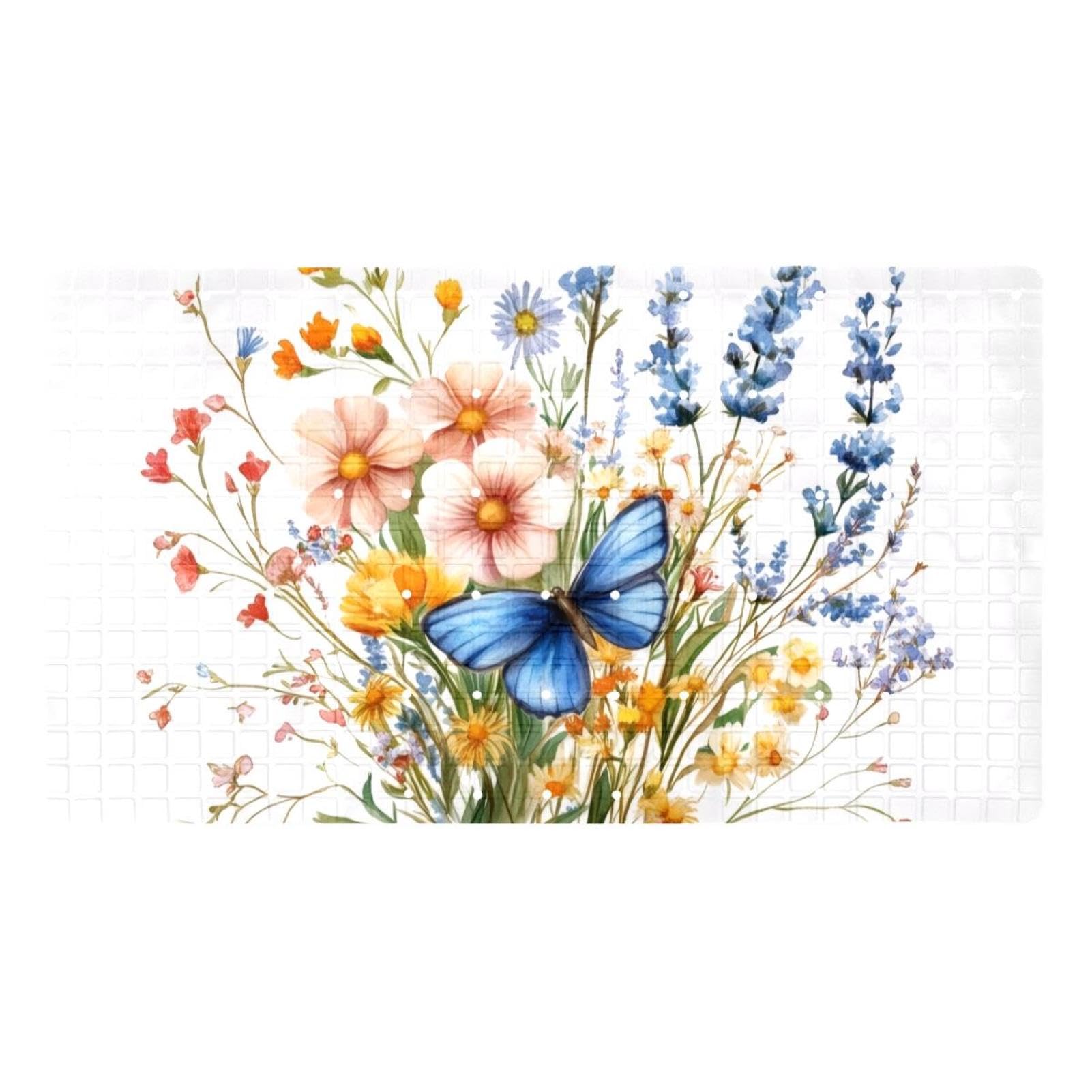 Badematte für die Badewanne, Motiv: Sommermotiv, Wildblumen, Schmetterlinge, rutschfest, rechteckig, Duschmatte mit Saugnäpfen, maschinenwaschbar, Badezimmermatte, 39,9 x 70,9 cm