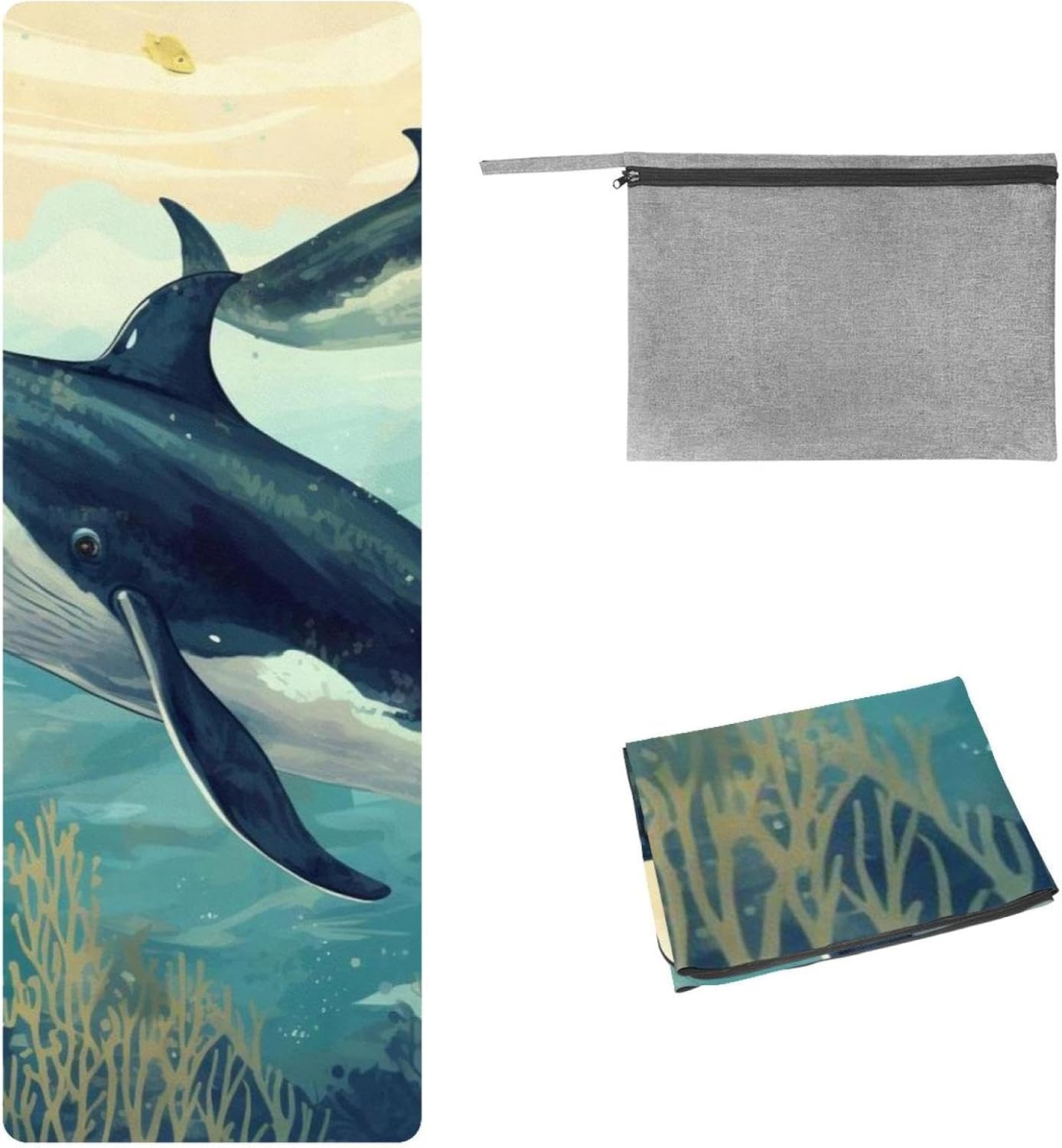 Yoga Towel, Whale Sea Pattern Non Slip Sweat Absorbent Hot Yoga Mat Towel for Hot Yoga, Pilates and Fitness - 72.8" x 26.8"