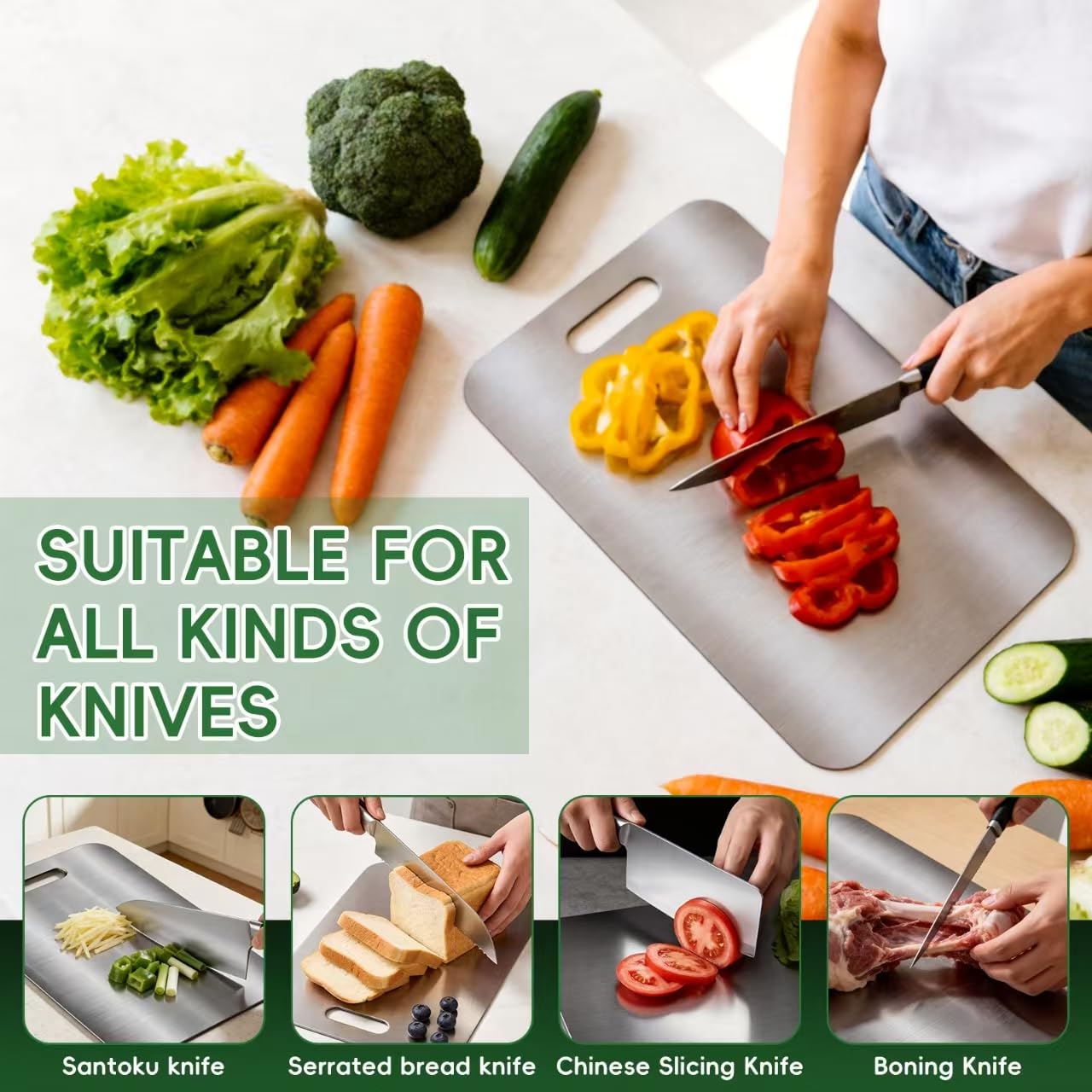 3 Pezzi Tagliere Acciaio Inox 316 Alimentare, Doppio Lato Reversibile, Igienico Antibatterico e Resistente, per Carne, Verdura, Frutta e Pane, Set da Cucina Professionale