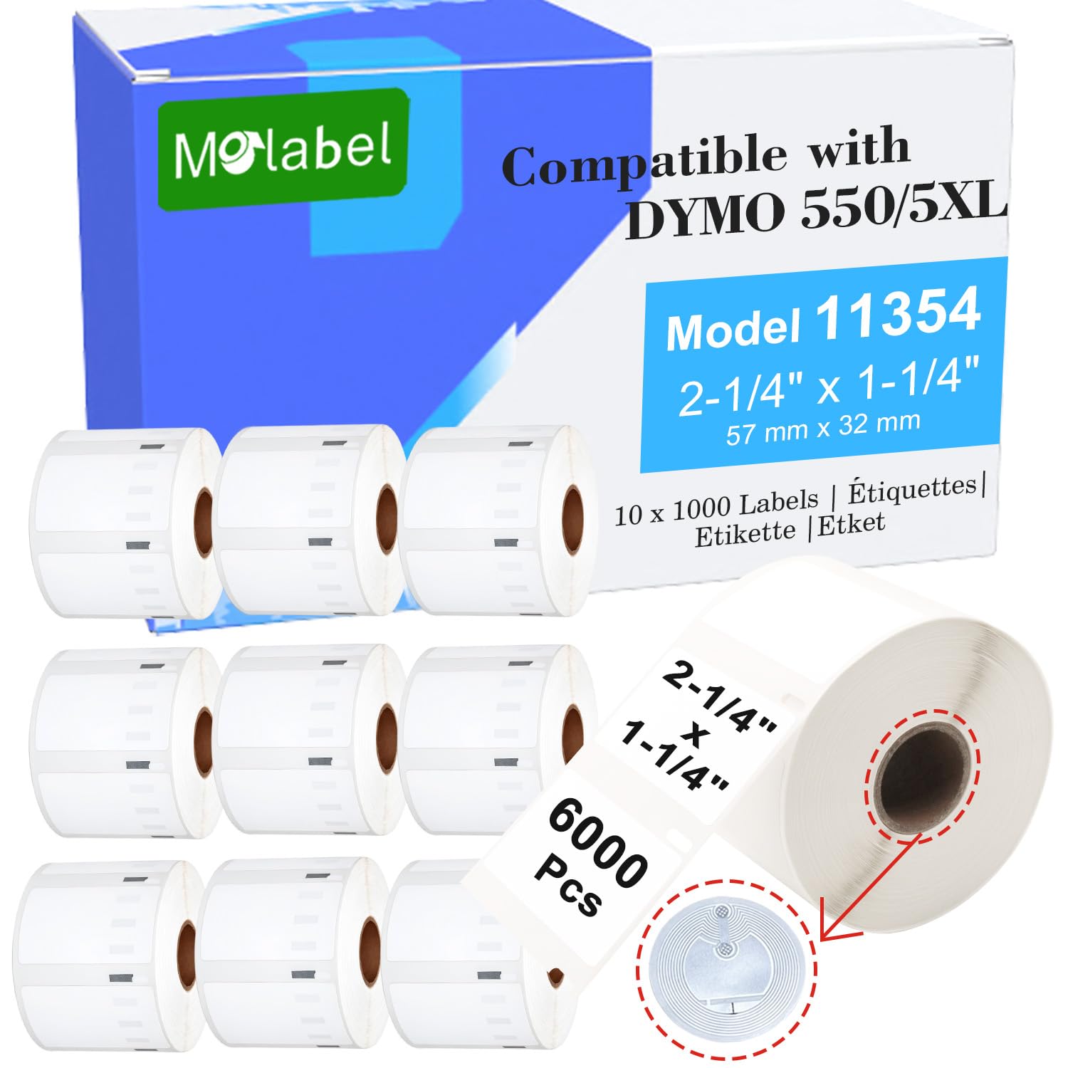 Etichette multiuso – 10 rotoli (con chip RFID) per Dymo S0722540 11354-57 mm x 32 mm, compatibili con stampanti Dymo LabelWriter 550, 1000 etichette per rotolo