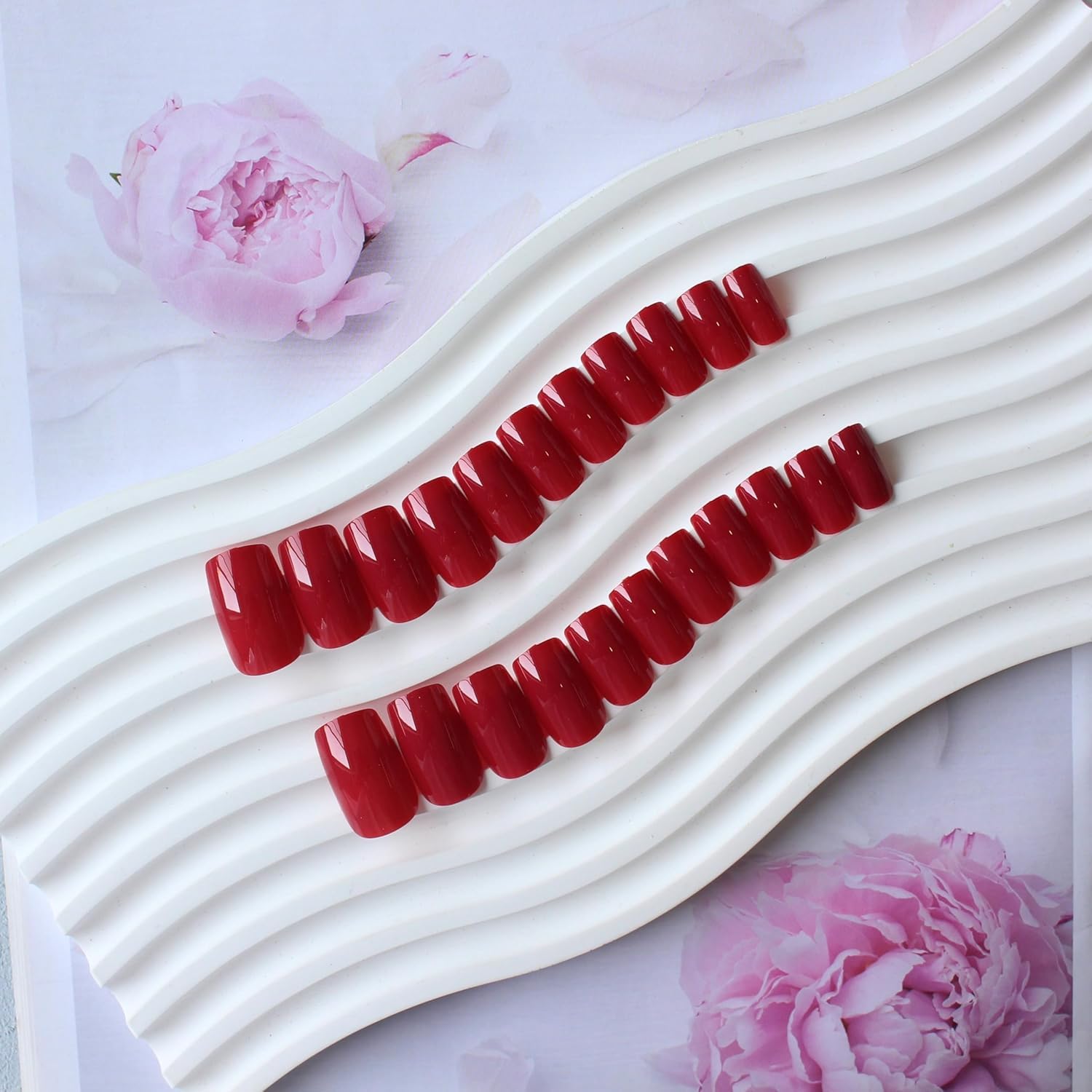 KQueenest Acrylic Press on Nails Short Medium Square, Red False Nails Short Coffin, Glossy Natural Solid Color Fake Nails Set - Image 4