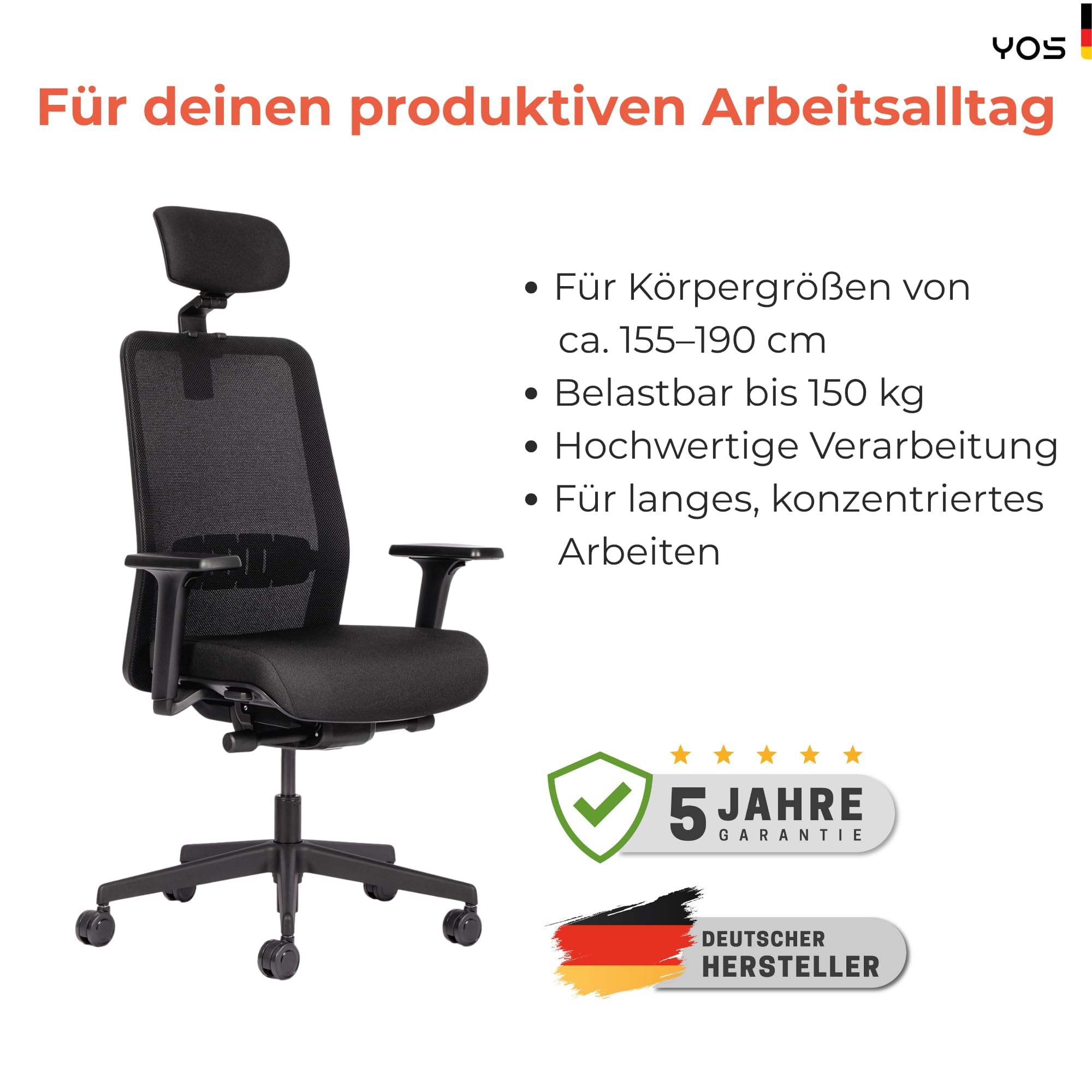YOS S5 ergonomischer Bürostuhl mit Kopfstütze, Schreibtischstuhl | Netzrücken, Lordosenstütze, Kopfstütze, 150 kg Belastbarkeit – Made in Germany