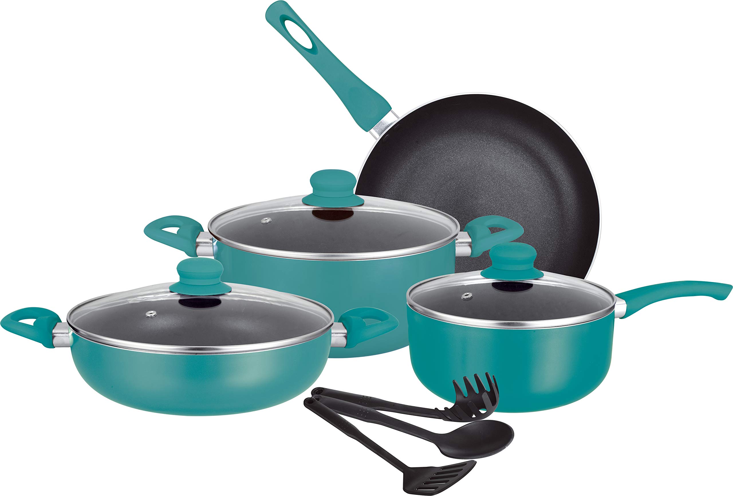 Insiya Pressed Non-Stick Aluminium 10 Pcs Cookware Set Teal, Pans And Pots Set With Glass Lids,Dishwasher Safe And Induction Bottom, 10-piece, Insiya Aluminium Teal 10, SV18