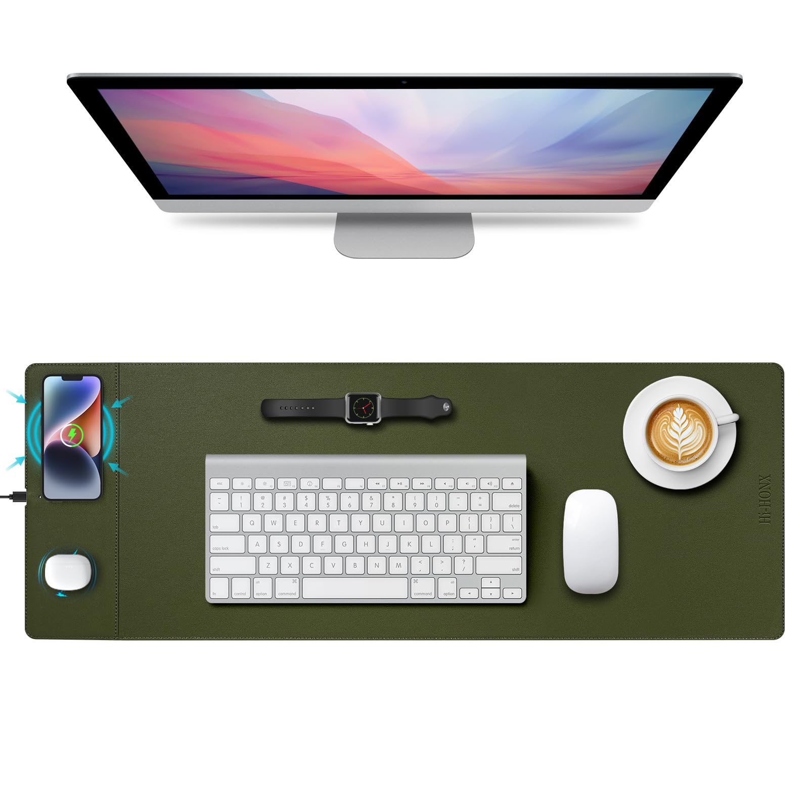 Wireless Charging Mouse Pad, 15W Fast Charge Magnetic Charger Desk Pad, Large Office Desk Mat (31x11.7 in) with Ultra-Smooth Surface, Military Green Computer Mousepad for MacBook, PC, Laptop - Military Green-80x30cm