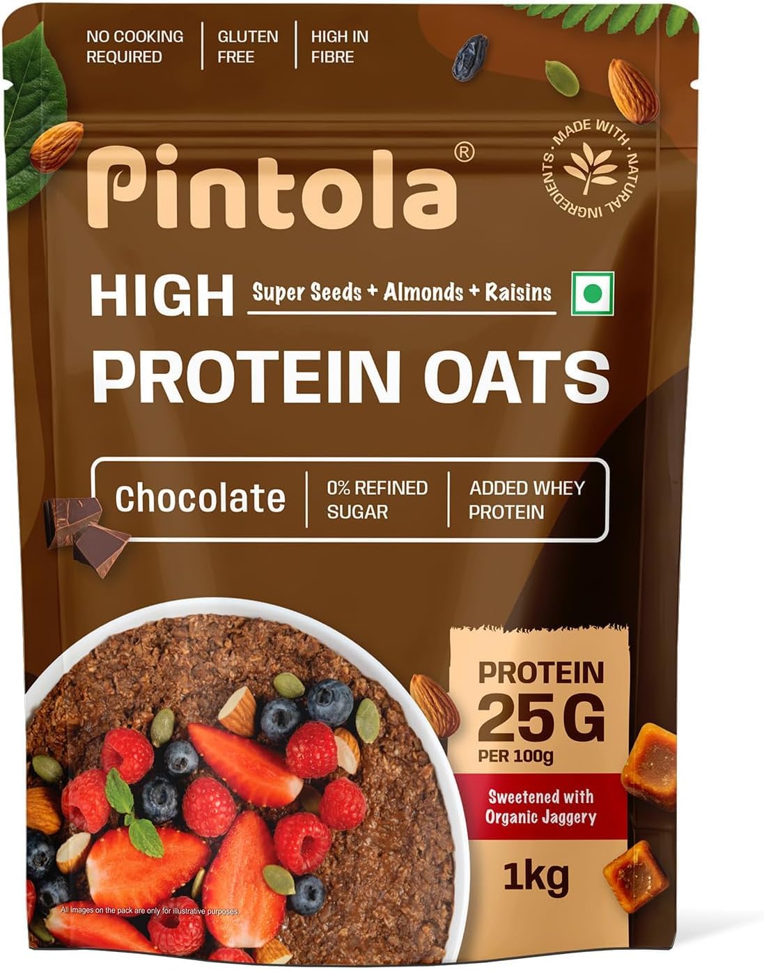 PINTOLA 25G High Protein OATS Chocolate (1 kg (Pack of 1)), No Refined Sugar, with Almonds Raisin, Pumpkin and Chia Seeds, 8g Fibre, Rolled Oats, Breakfast Cereals | Gluten Free (1 kg (Pack of 1))