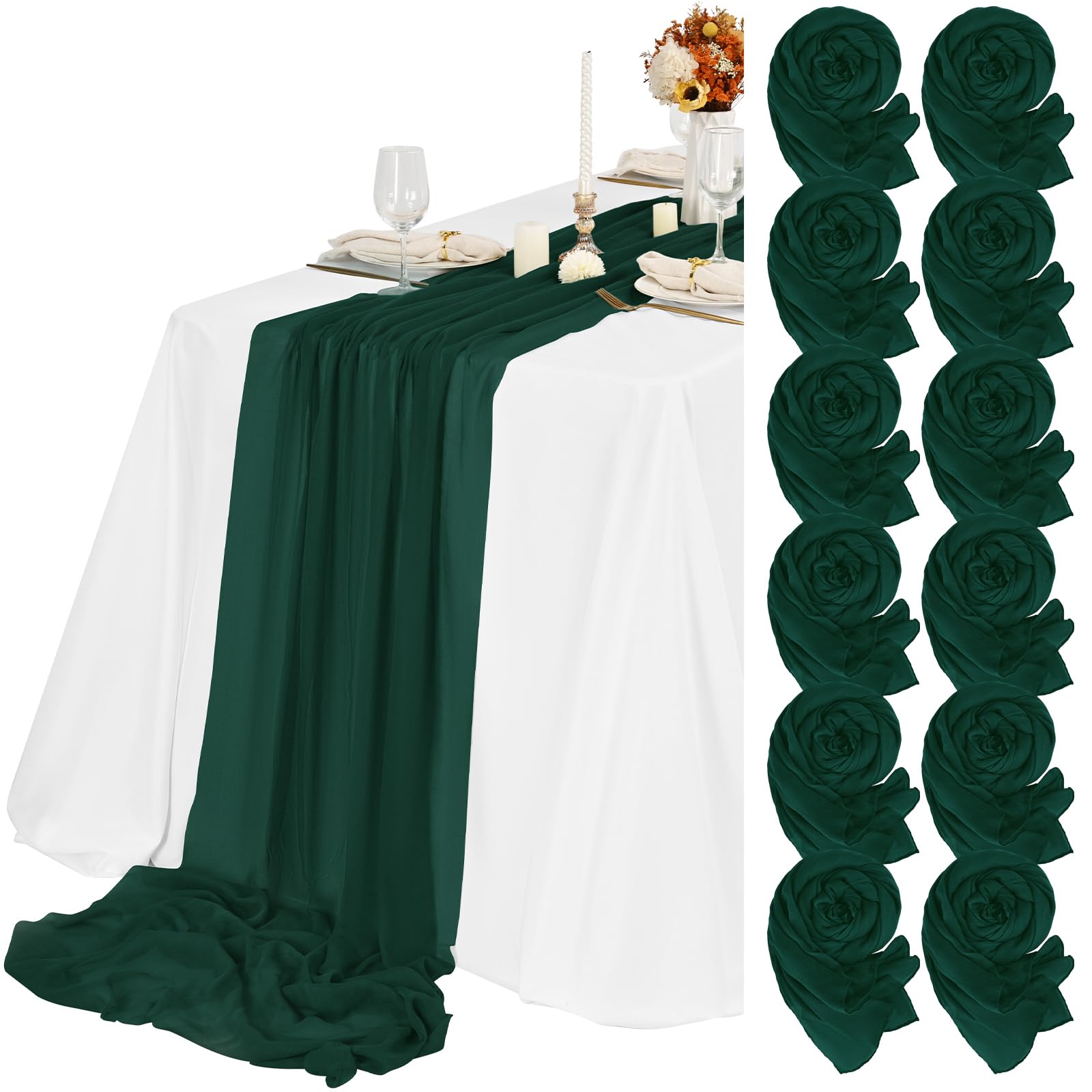 Teruntrue 12 Pack Emerald Green Cheesecloth Table Runner 55x300 cm New Natural Soft Look Boho Gauze Cheese Cloth Table Runner for Wedding Party Baby Bridal Shower Birthday Decorations — image 1