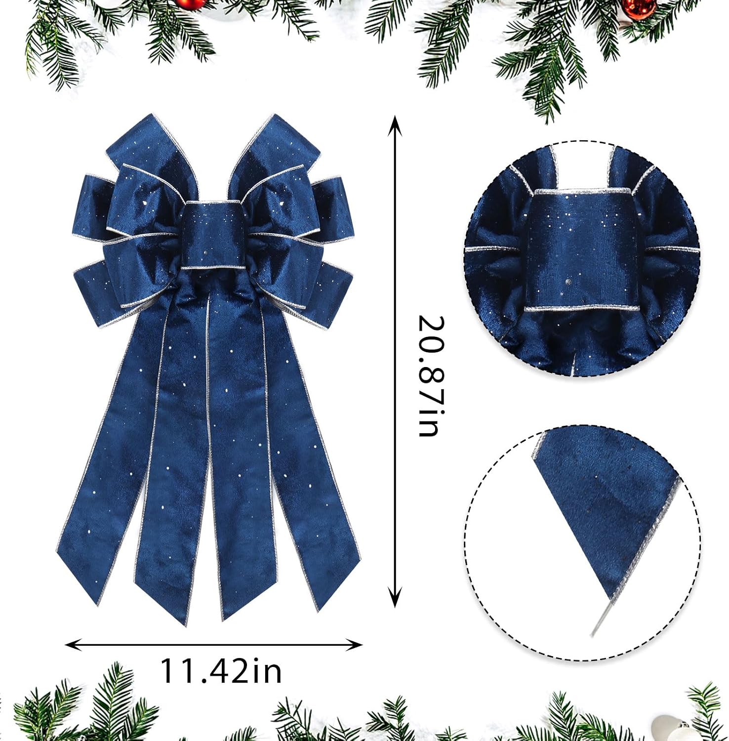 ABTOLS Large Christmas Bow for Wreath, Blue Velvet Wreath Bows for Front Door, Blue Glitter Decorative Wreath Bow Vintage Wreath Bows Christmas Bows for Indoor Outdoor Xmas Decorations