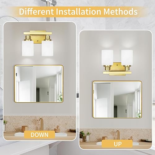 Miniatura 5 de Lámparas de baño doradas sobre el espejo, 2 luces modernas de tocador con pantalla de vidrio blanco, apliques de pared para espejo dormitorio, sala