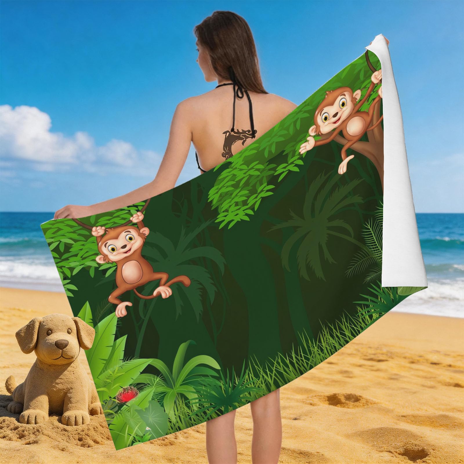 Leichong 3D Cartoon Monkey Beach Towel Microfiber Soft Quick Dry for Adults, Jungle Theme Bath Towel Lightweight Soft Absorbent for Travel Swimming Pool Sports, 75 x 150 cm