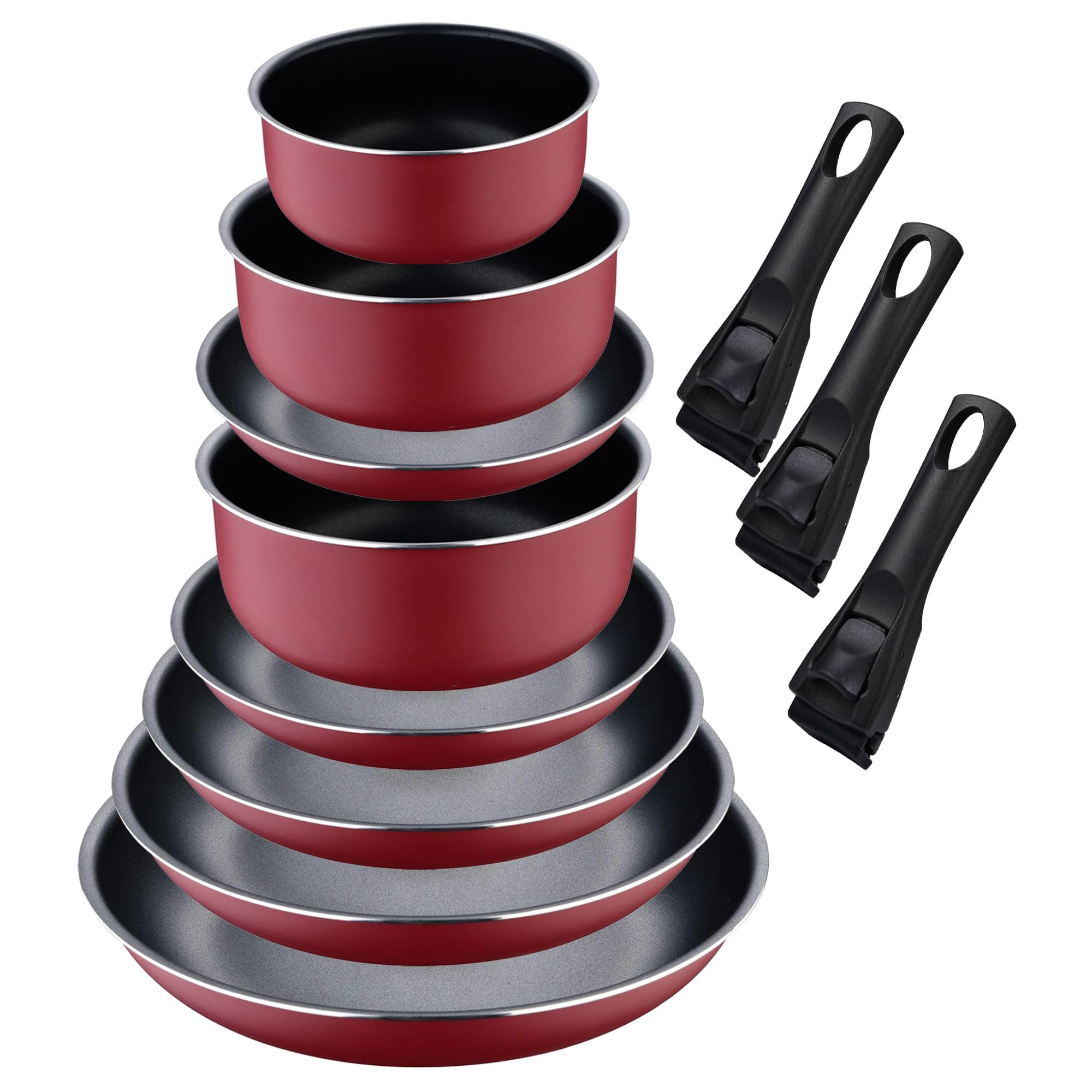 Set de 5 poêles Ø18Ø20Ø22Ø24Ø26cm avec 2 poignées amovibles + 3 casseroles Ø16Ø18Ø20cm avec manche amovible -Aluminium pressé couleur rouge Click&Cook Bergner