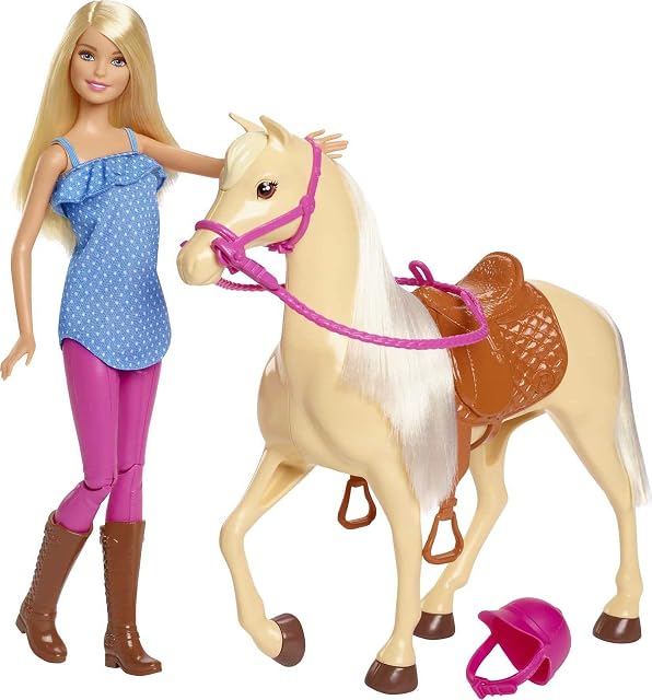 Barbie Doll, Blonde, Wearing Riding Outfit with Helmet, and Light Brown Horse with Soft White Mane and Tail, Gift for 3 to 7 Year Olds, FXH13