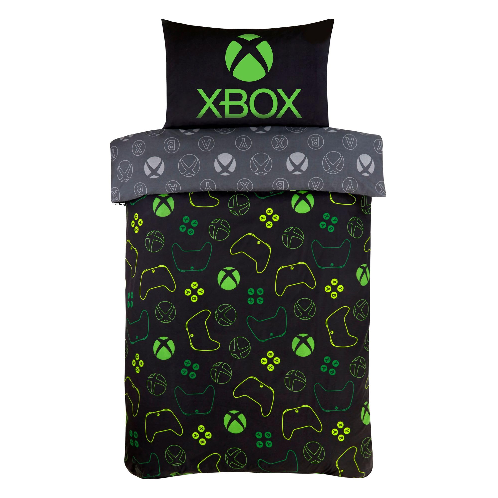 dreamtex Xbox Bedding Single Duvet Cover Set – Reversible Black & Green Gaming Bedding for Kids & Teens – Official Xbox Controller & Logo Design – Soft Easy-Care 100% Polyester