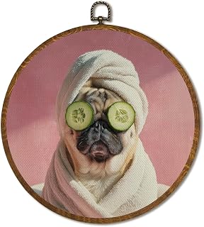Vintage Pug Wall Art Decor 10x10Inch, Funny Dog Portrait Circular Wall Art Framed Canvas Print Decor, Dog Lovers Gifts for Home Farmhouse Bathroom Living Room(Funny Pug)