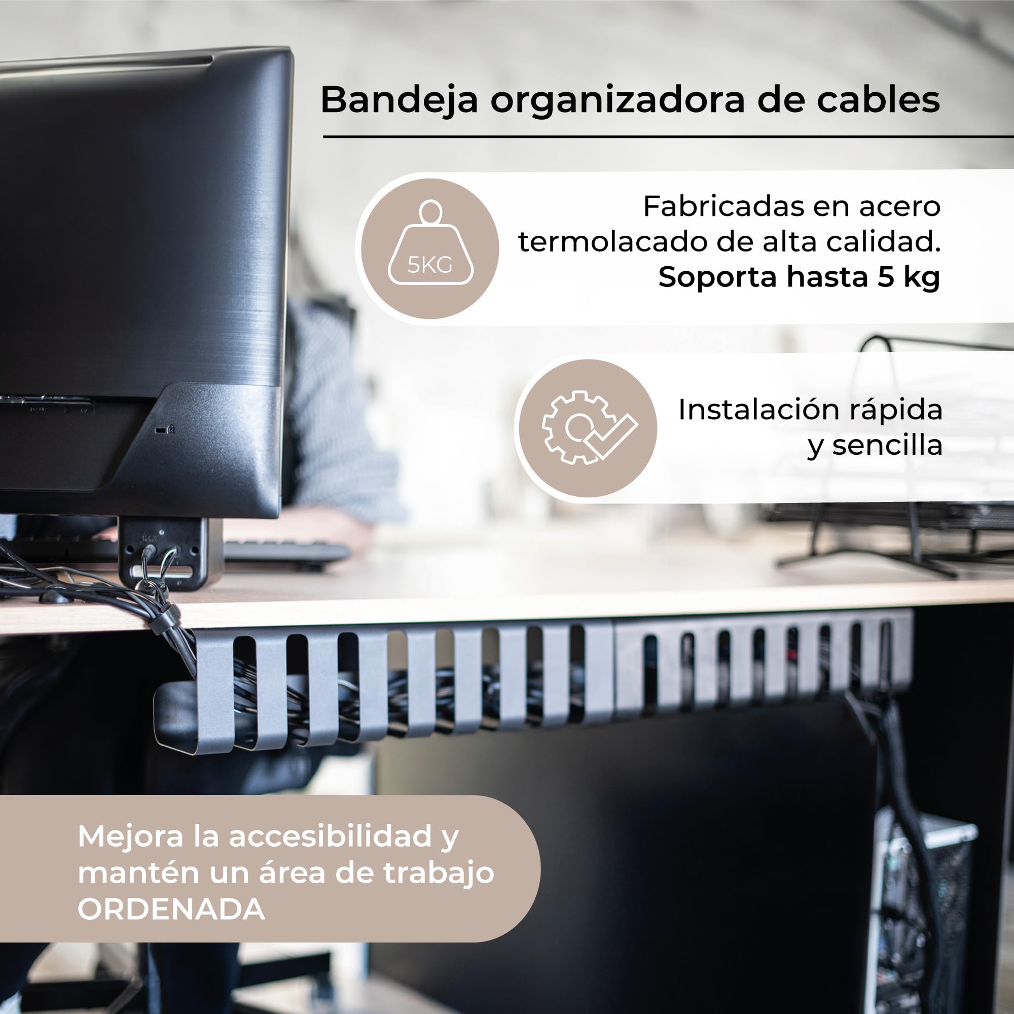 Pack 2 Organizadores de Cables para Escritorio | Bandejas para Cables de 40x10 cm en Blanco Mate | Ideal para Mesa de Oficina, Gaming o TV