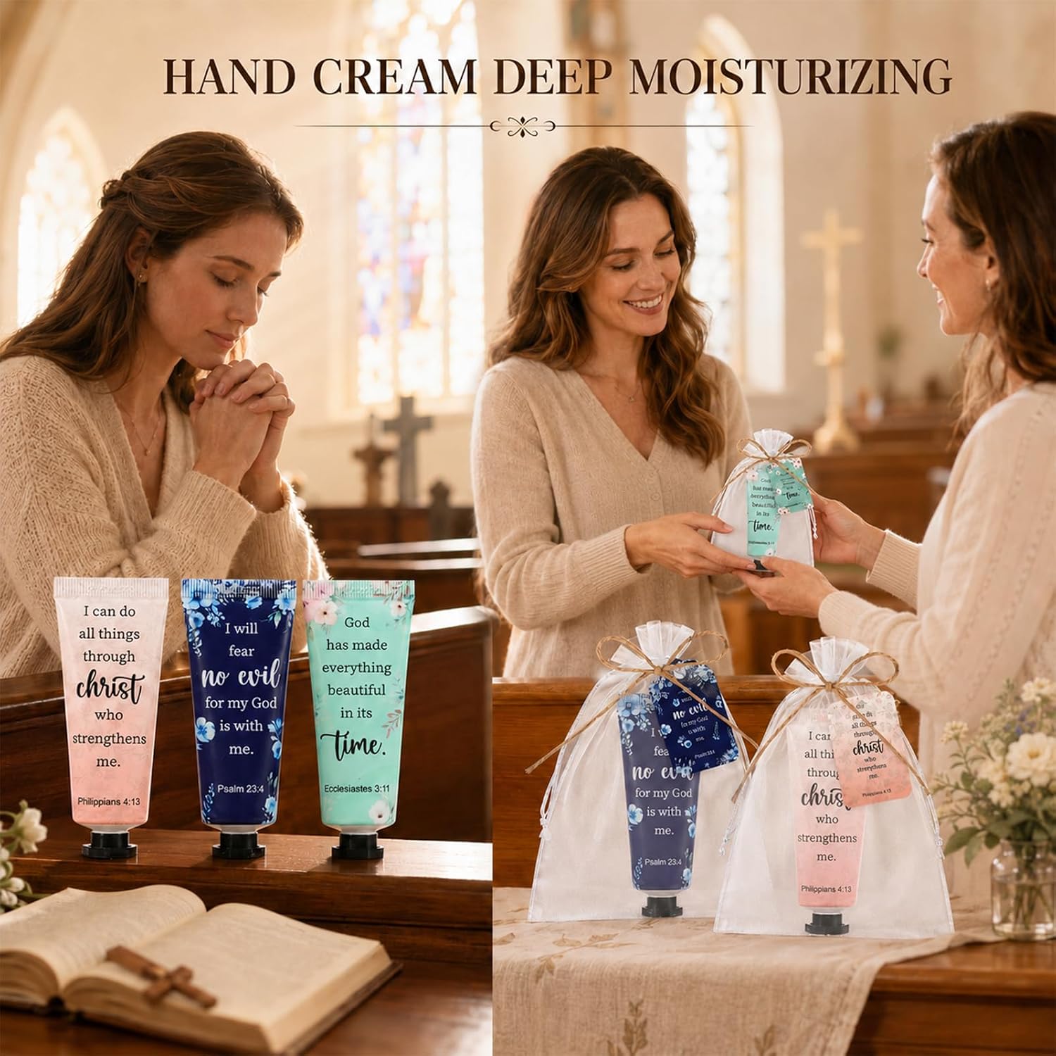 24 Set Christian Hand Cream Gifts Bulk Appreciation Gifts Set with Cards and Organza Bags Religious Bible Verse Gifts for Teacher Wedding Birthday Baby Shower Graduation Church Prayers Coworker Favors
