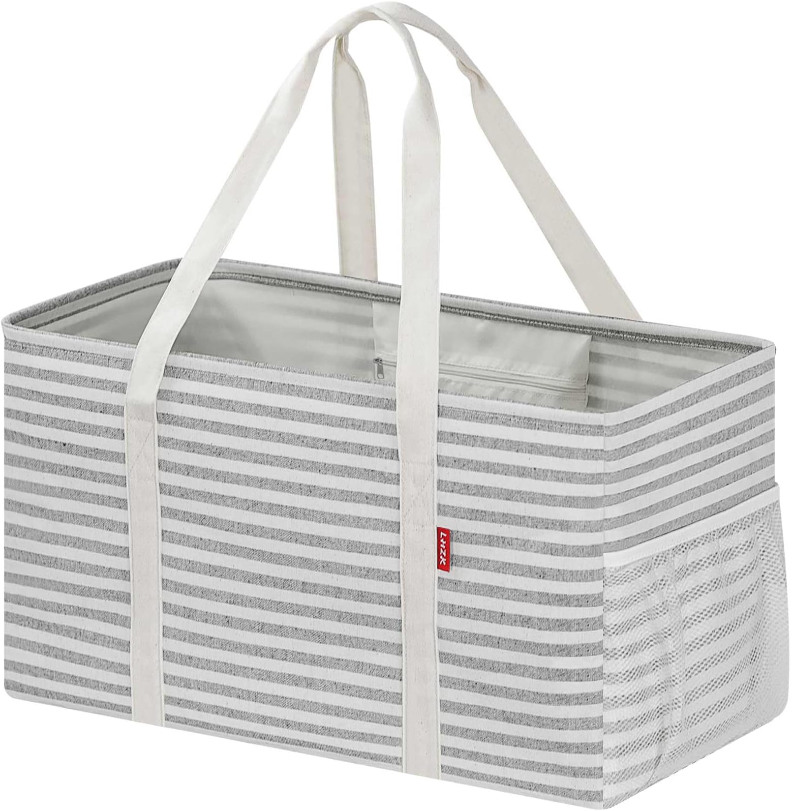 Standing Extra Large Utility Tote Bag with Metal Wire Frame and the Sides Rinforced, Extra Large Tote Bag with Handle, Reusable Grocery Bags Foldable, Beach Bag, Car Tote (Gray)