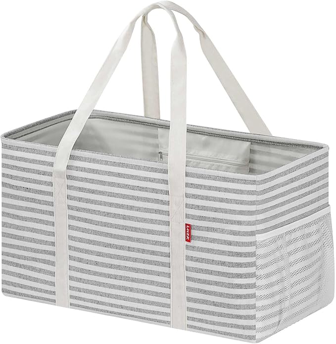 Standing Extra Large Utility Tote Bag with Metal Wire Frame and the Sides Rinforced, Extra Large Tote Bag with Handle, Reusable Grocery Bags Foldable, Beach Bag, Car Tote (Gray) | 22.5×10.5×12 inch