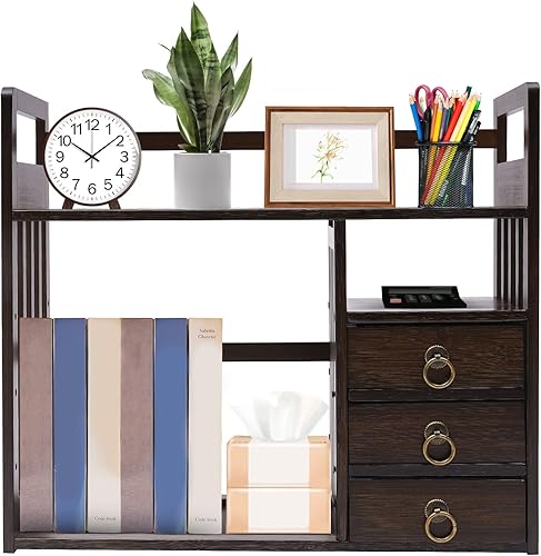 WANLECY Organizador de escritorio de bambú con 3 cajones y estantería abierta organizador de almacenamiento de escritorio cajones de mesa para sala