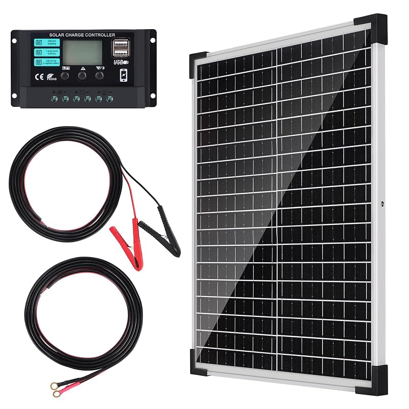 Kit Painel Solar Monocristalino 25 W 12 V com Controlador PWM de 10 A, Cabos e Terminais para Bateria