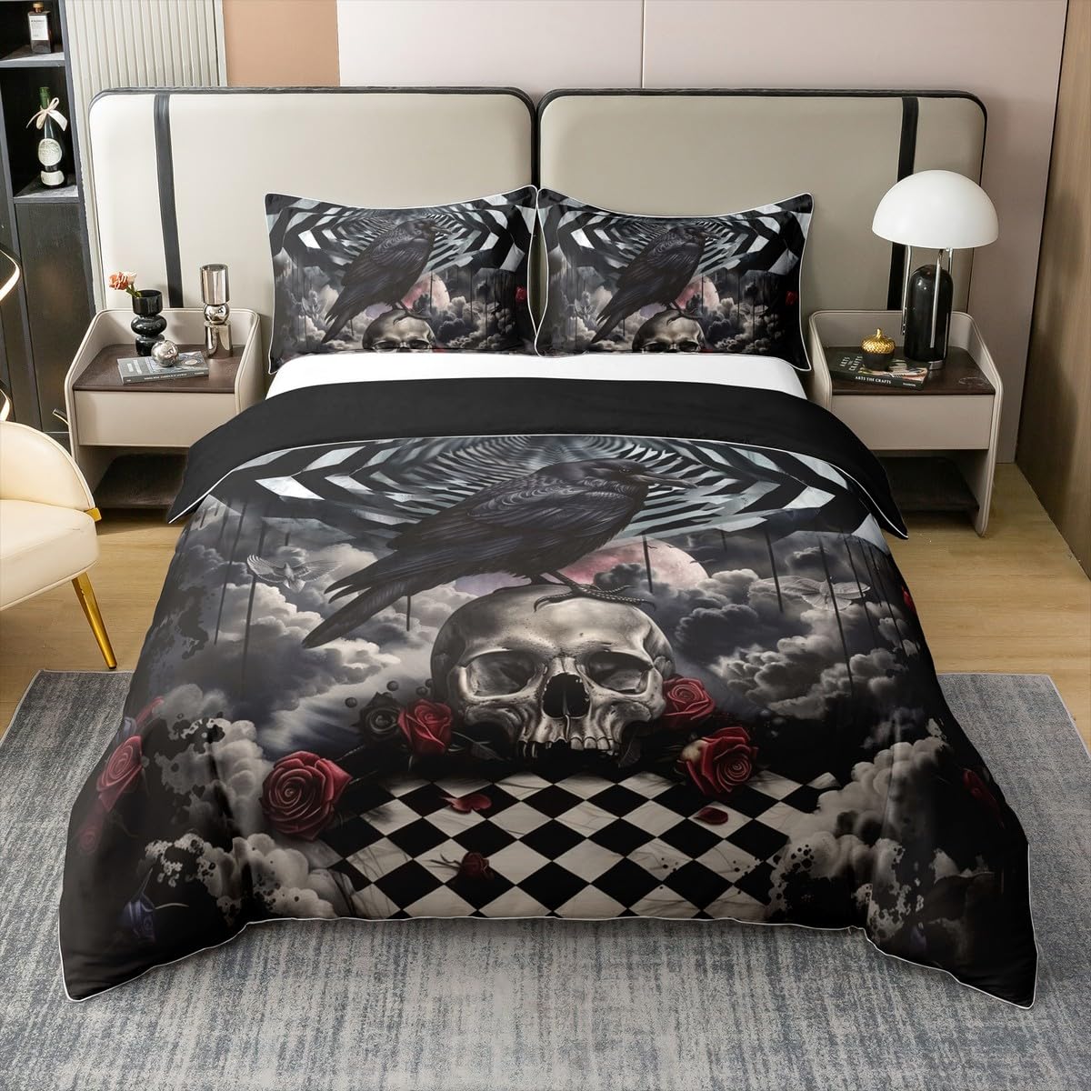 Homewish Halloween Crow 100% bawełniana poszewka na kołdrę podwójna gotycka czaszka zestaw pościeli dla dzieci chłopców dziewcząt dorosłych róża czaszka poszewka na kołdrę szkielet kości zestaw