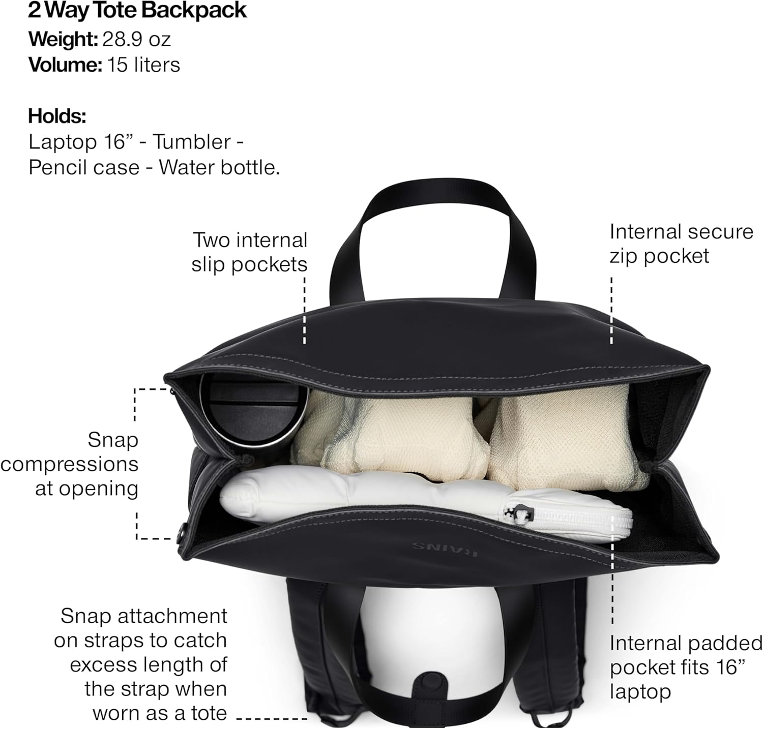 RAINS 2 Way Tote Backpack, Unisex for Men and Women, Black – Fits 16″ Laptop, Waterproof Commuter Backpack - Image 5