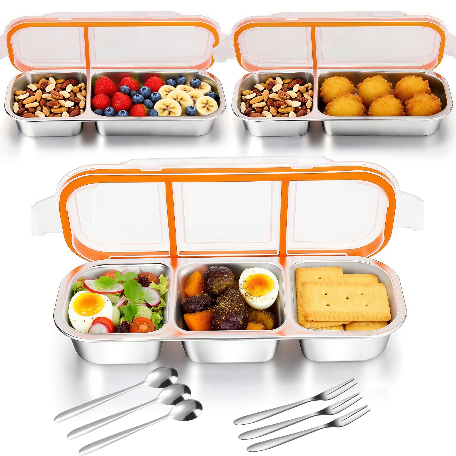 VAlinks Snack-Behälter mit auslaufsicherem Deckel, 304 Edelstahl, Bento-Snack-Box, geteilte Lunchbox, Lebensmittelbehälter für Zuhause, Offizier, Fitnessstudio, Reisen, 3 Stück
