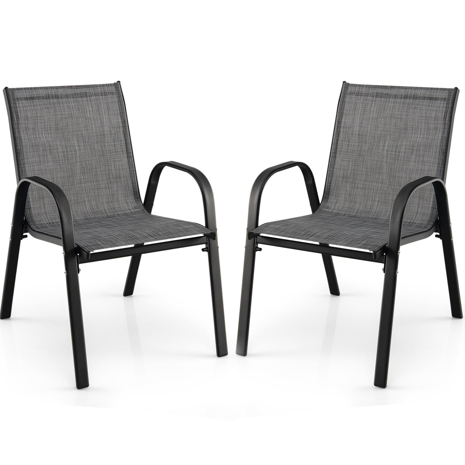 COSTWAY Garden Chairs Set of 2/4, Stackable Outdoor Dining Chairs with Armrests, Metal Frame Fabric Patio Bistro Chair Deck Seats for Poolside, Backyard, Lawn and Balcony (55x67x83cm, Gray, 2)