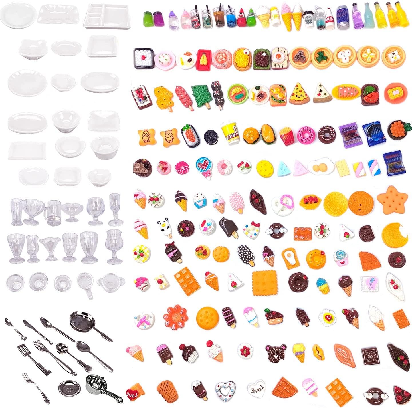 200Pcs Miniature Food Drink Bottles Adults Dollhouse Soda Pop Cans Pretend Play Kitchen Cooking Game Party, Mixed Resin Dollhouse Accessories for Hamburger Bread Ice Cream Cake Tableware Party