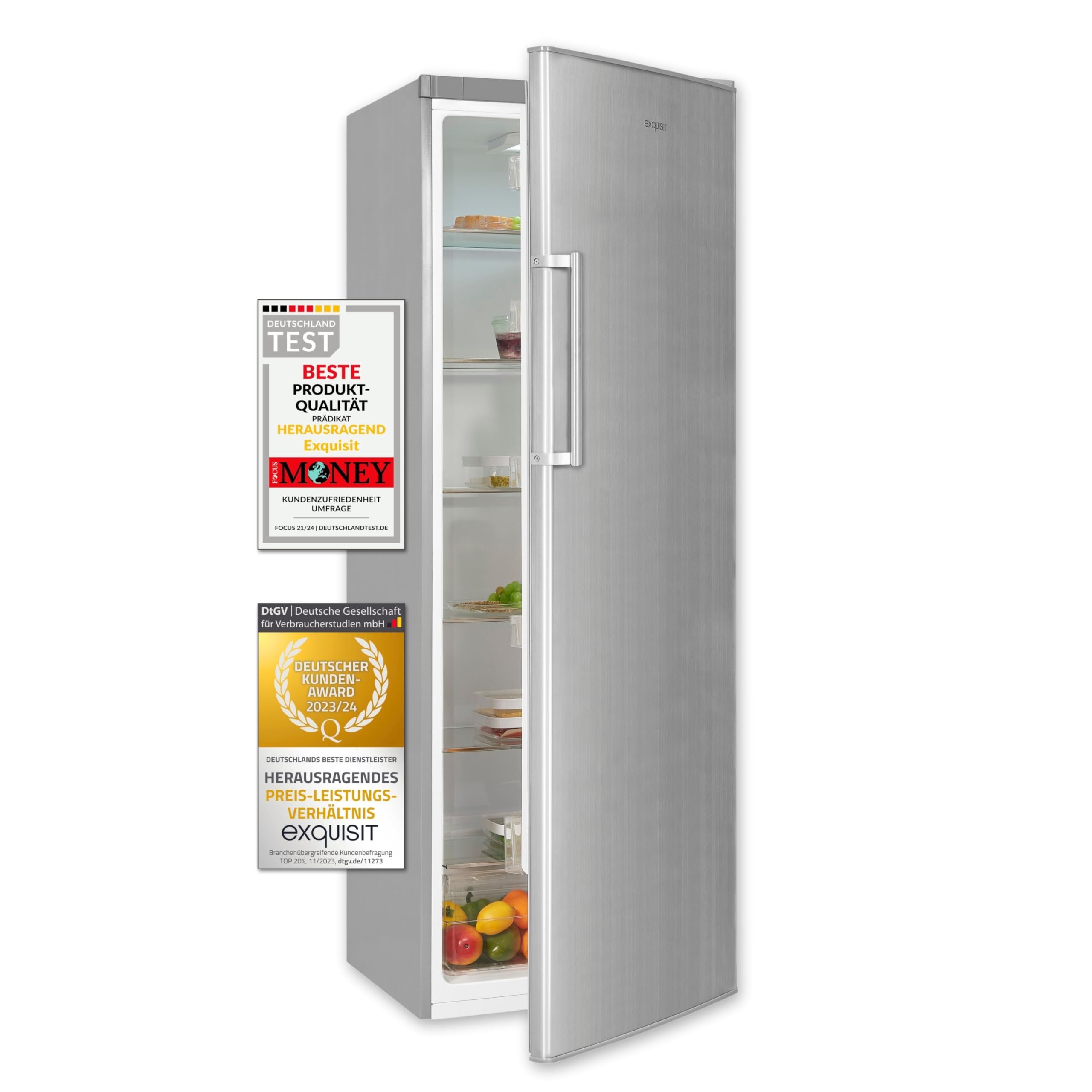 Exquisit KS350-V-H-040D Vollraumkühlschrank in Inoxlook - 331 Liter