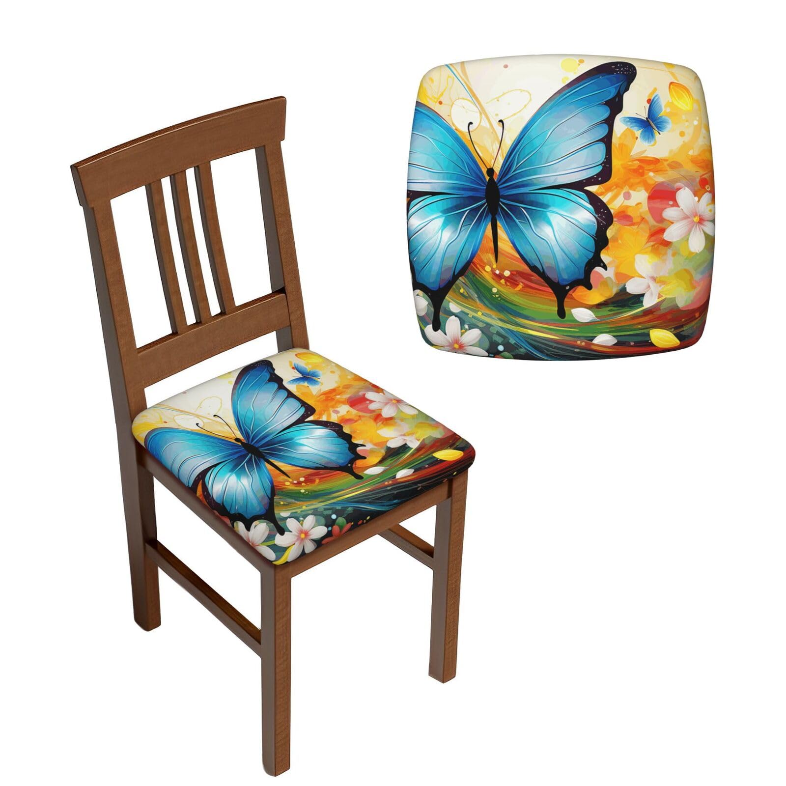 FodPand 4PCS Dining Chair Covers for Dining Room Colorful with Butterfly Chair Seat Cover Stretch Parsons Chair Slipcover Removable Washable Seat Cushion Slipcovers Cover for Kitchen Office