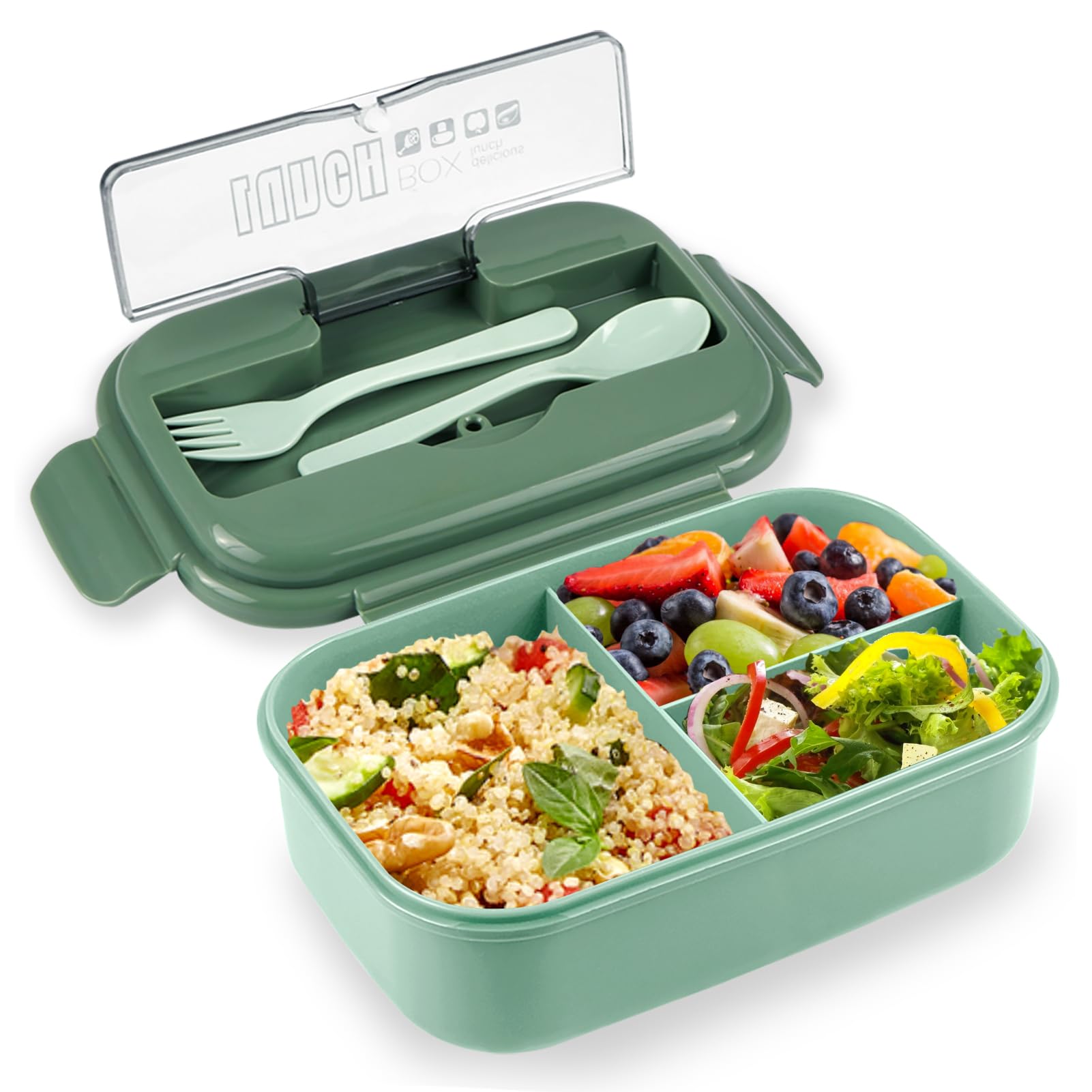 NatraProw Bento Box Adult Lunch Box, 3 Compartment Lunch Containers for Adults, BPA Free, Portion Control Bento Boxes, Microwave Safe, Green