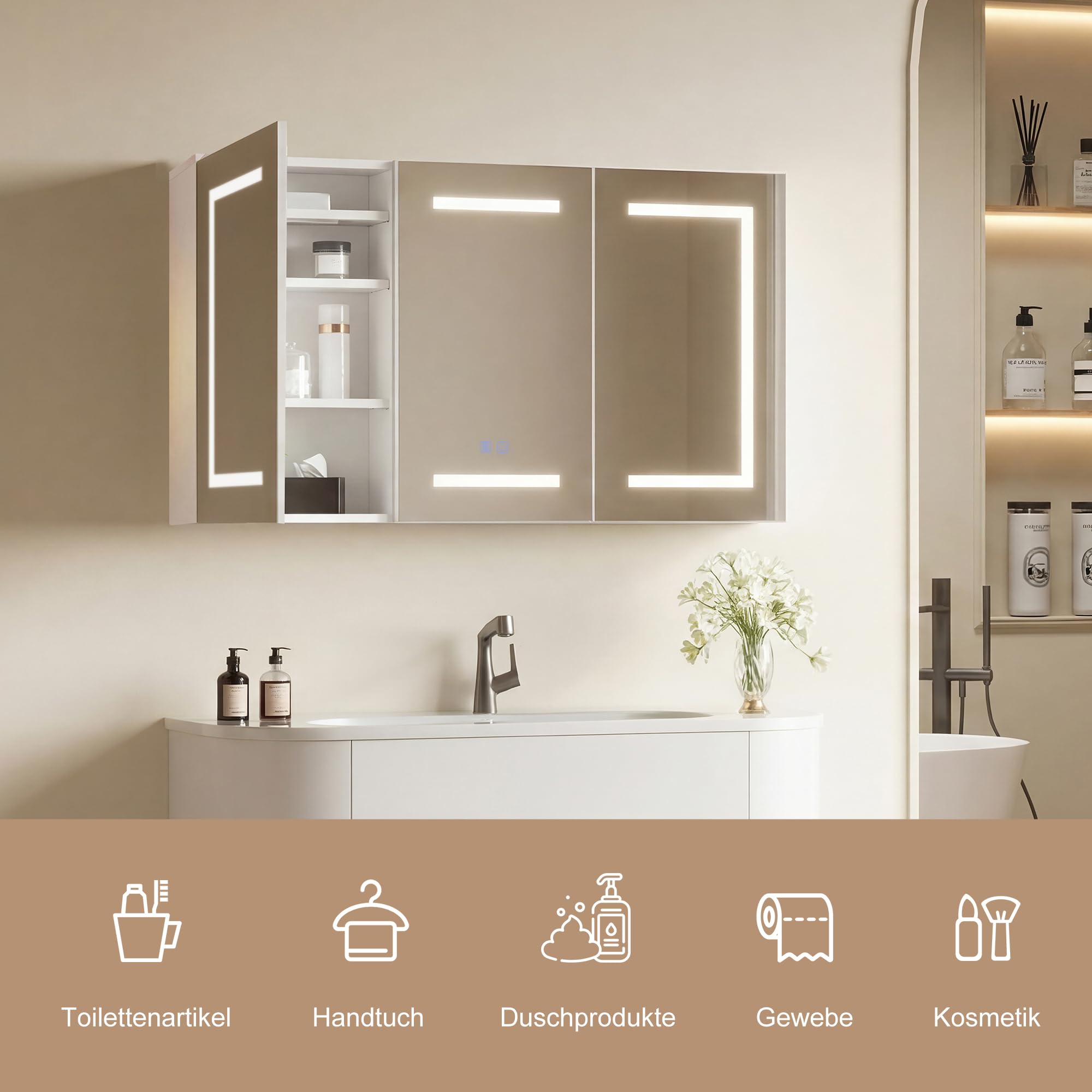 Armario con espejo con iluminación led, gabinete de baño con 3 colores de luz, espejo de baño con almacenamiento y 3 puertas, armario con espejo con estante ajustable (blanco, 2, 100 x 60 cm)
