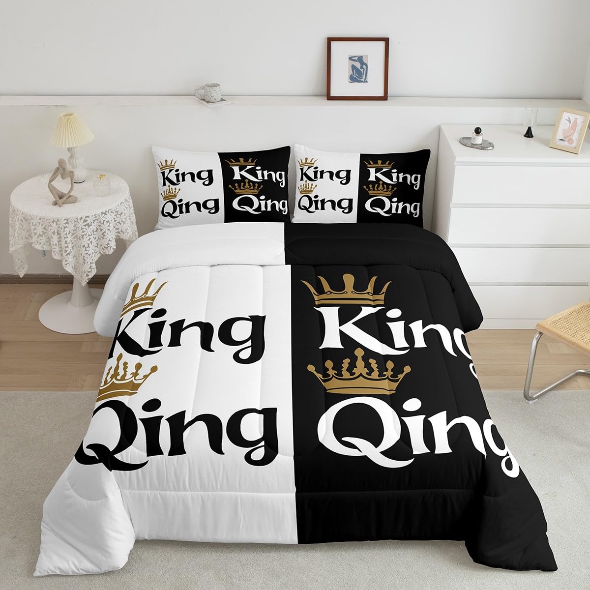 Erosebridal King and Queen Crown Comforter Set Black White Couple Bedding Set for Adult Women Men,His Her Mr Mrs Quilt Duvet Sets Wedding Valentines