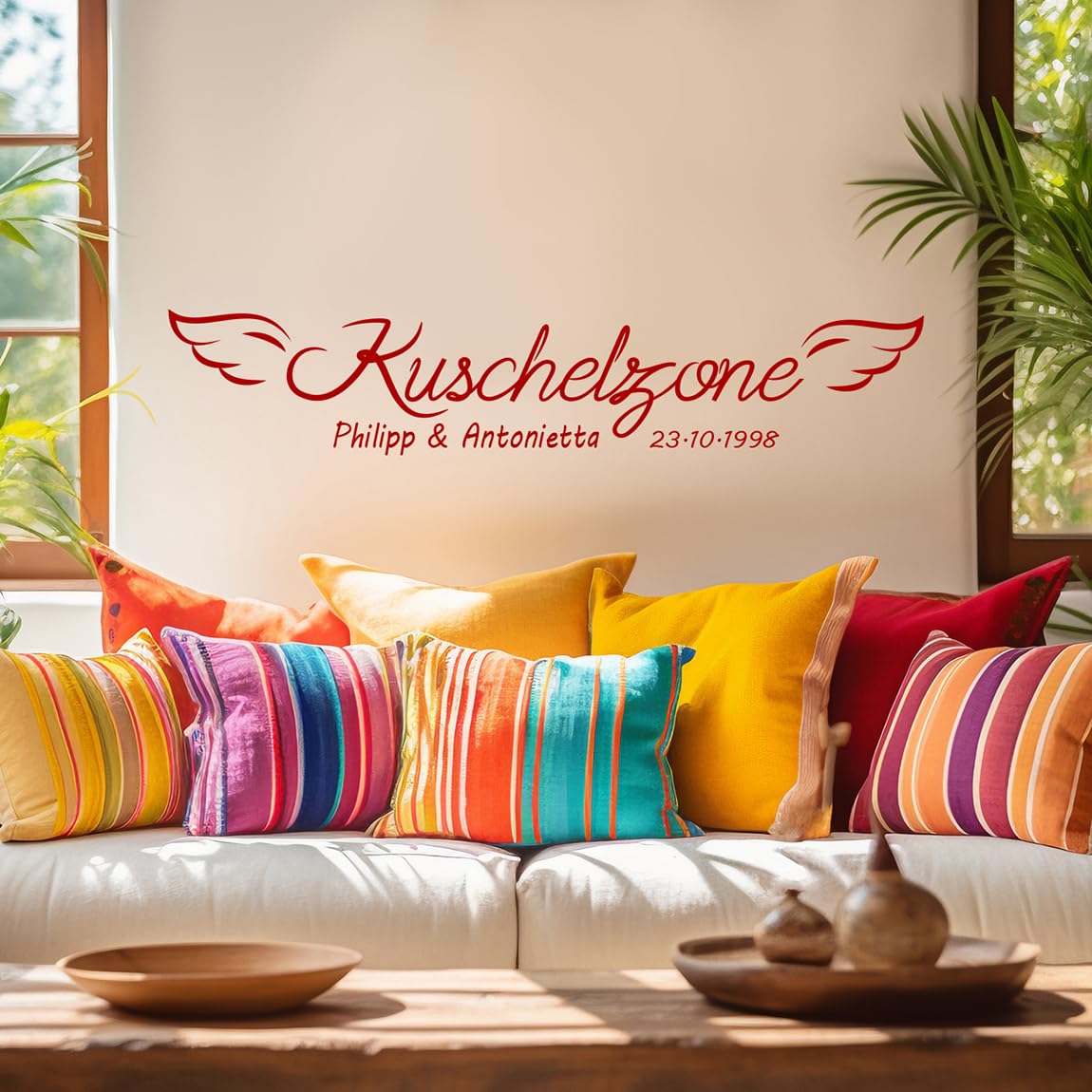 Tjapalo® A13 Kuschelzone mit Namen und Datum - Wandtattoo für Schlafzimmer, Sprüche und Liebe - Farbe: dunkelgrau, Größe: B200xH40cm
