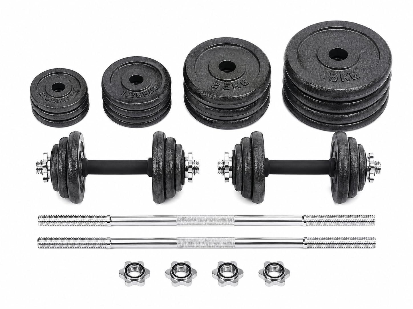 Cast Iron Adjustable Dumbbell & Barbell Weight Set with Spinlock Plates Bars for Home Gym Strength Training Fitness Workout Equipment 15kg 20kg 30kg 50kg Sets (20KG Set, Without Case)