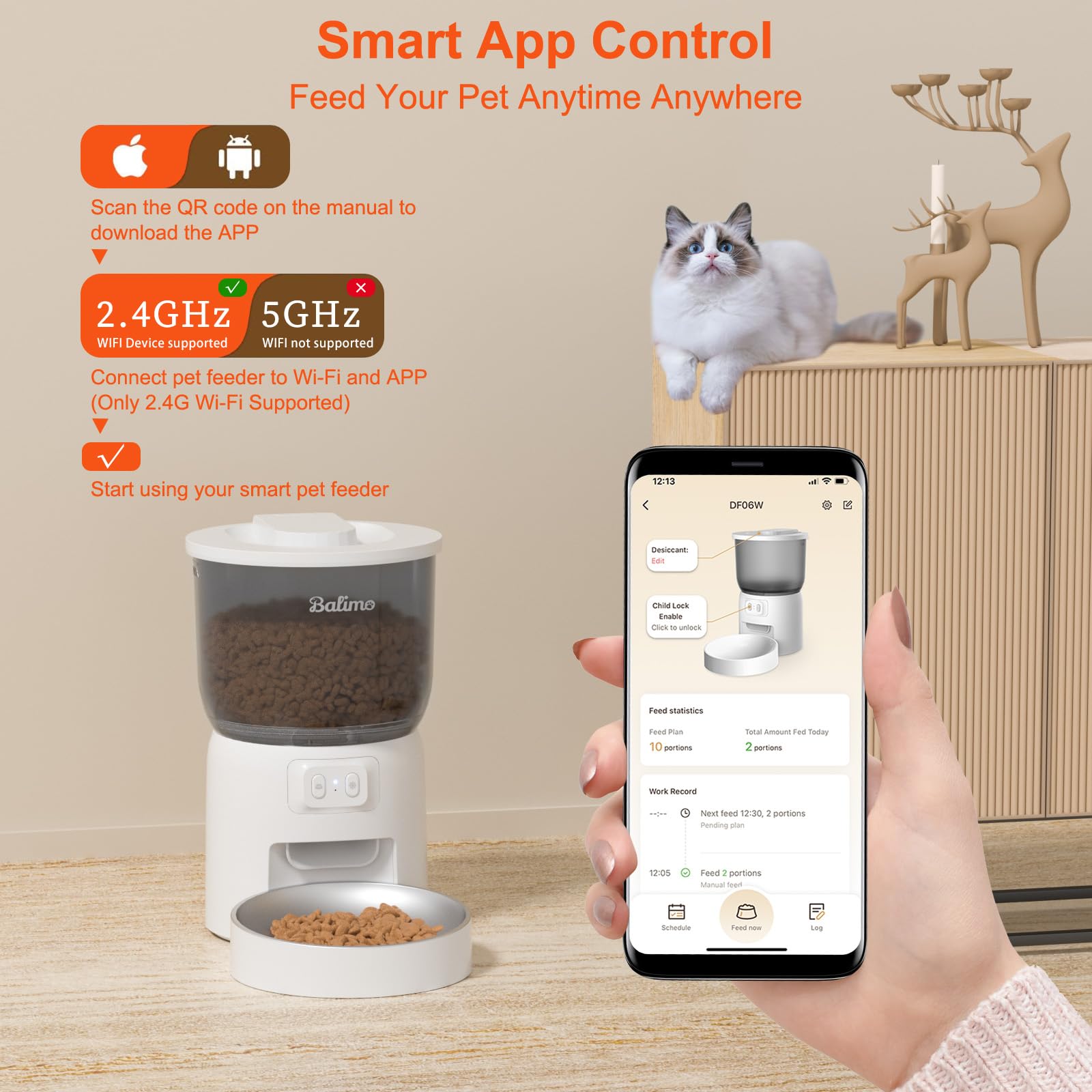 Balimo Distributore Automatico Cibo Gatti, 3L Dispenser Crocchette Gatto, 2.4G WiFi Distributore Cibo Gatti, Adatto Controllo App, Da 1 a 10 Pasti al Giorno, Adatto Per Cani e Gatti, Bianco