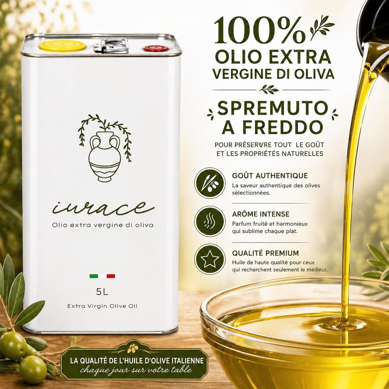 IURACE Huile d’Olive Extra Vierge 5L – 100% Italienne – Pressée à froid – Calabre