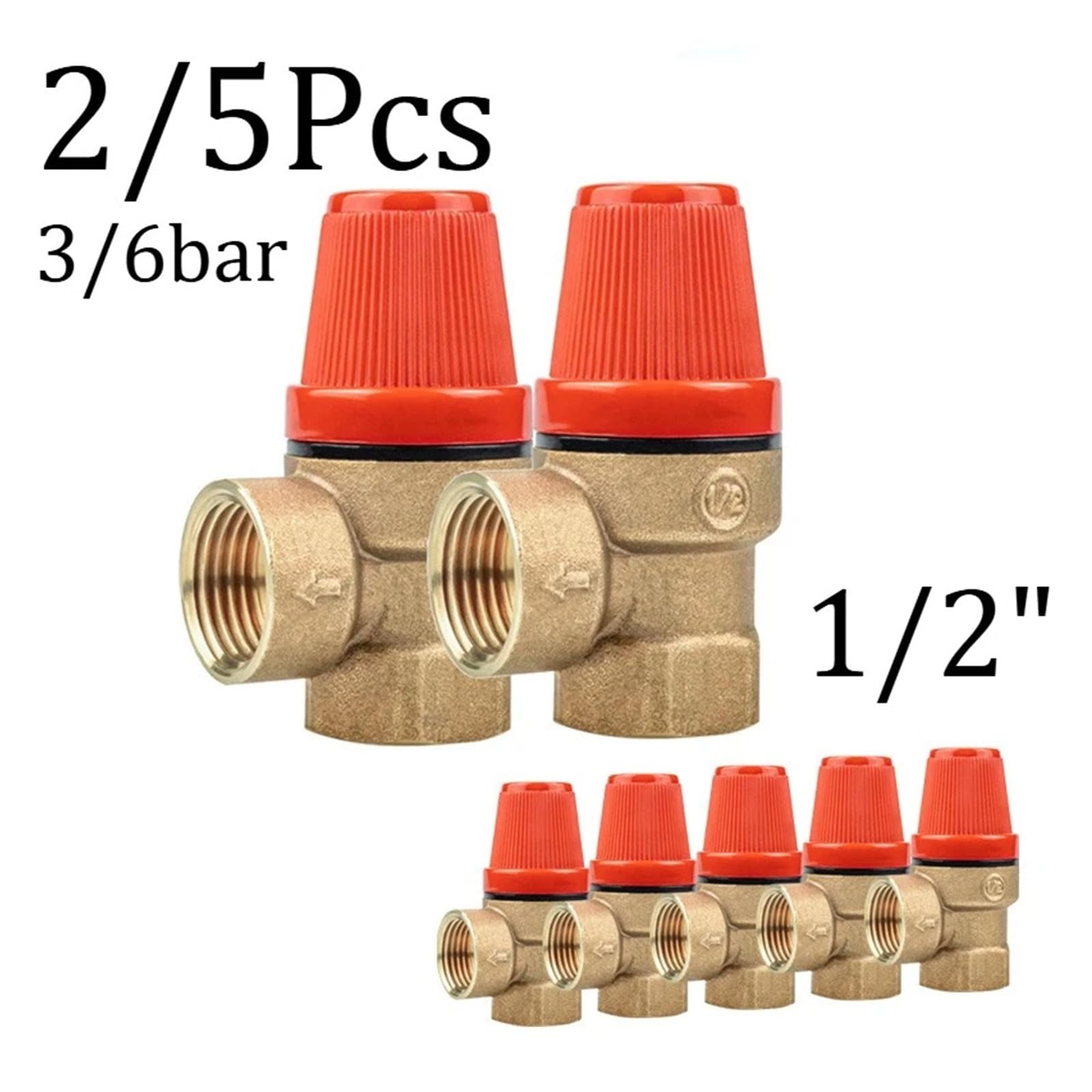 Válvula de seguridad de latón de 1/2 ", válvula de alivio de presión, 3/6bar, no ajustable, 2 uds./5 uds., paquete múltiple for calentador de agua, compresor de aire de caldera