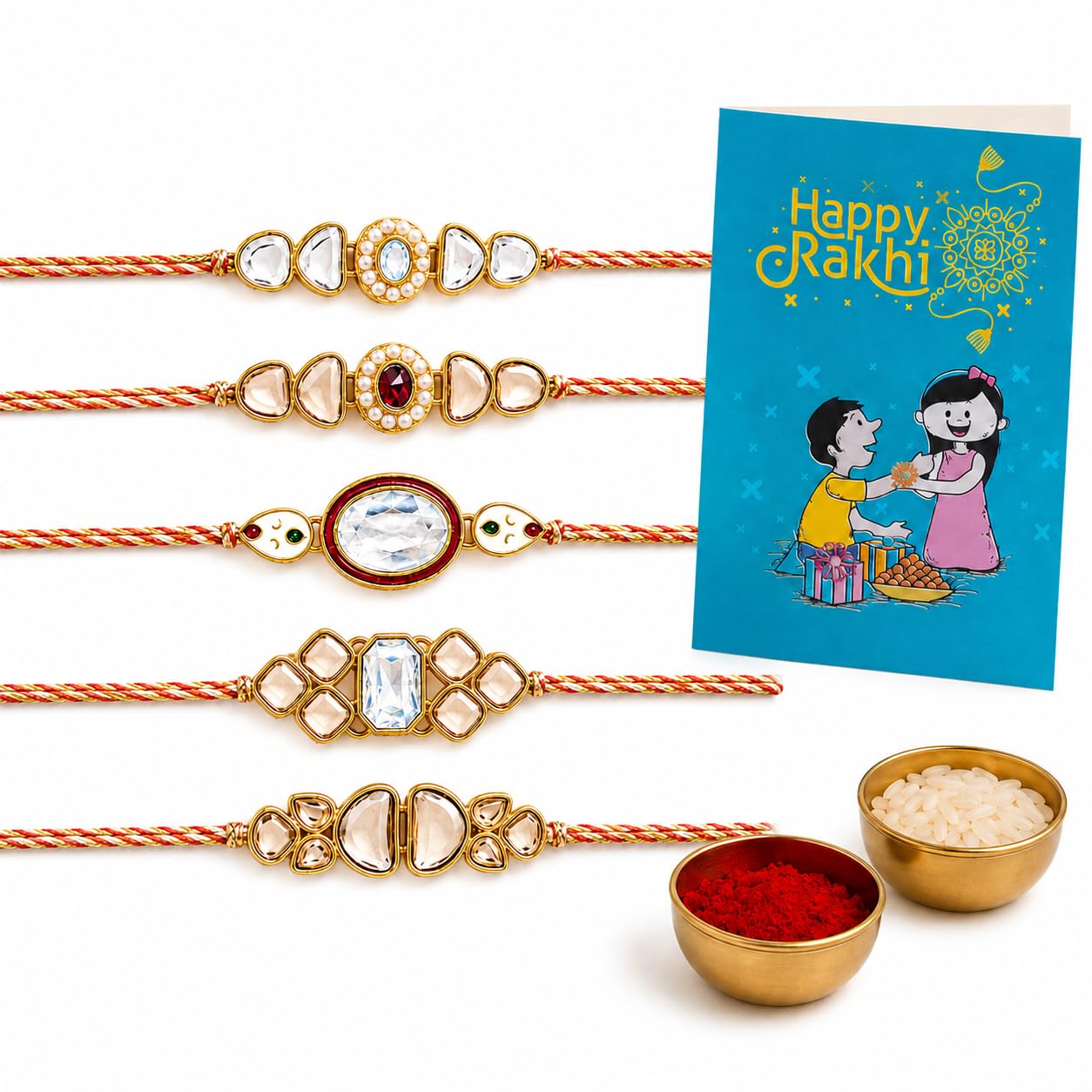kaameri bazaar Raksha Bandhan White and Gold Kundan stones Rakhi For Men for Brother with Roli Chawal pack - Set of 5 Rakhis-picture-25