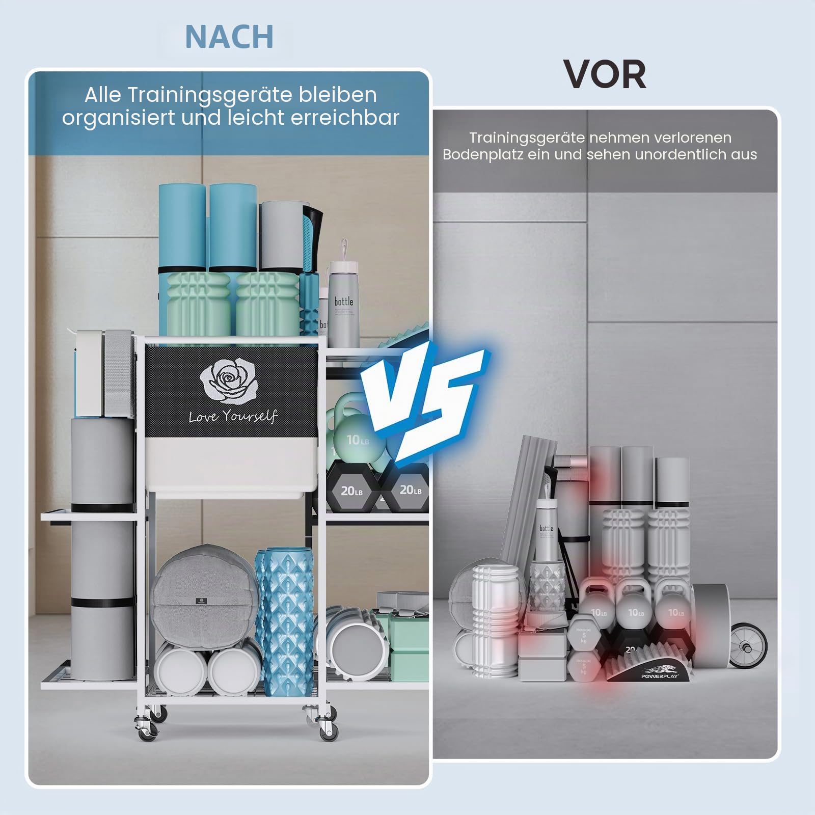 Aufbewahrungsregal für Yogamatte, Heim-Fitnessstudio, Workout-Ausrüstung, Organizer, Fitness-Gewichtsregal auf Rädern für Yogamatte, Yoga-Block, Schaumstoffrolle, Widerstandsband, Hantel, Kugelhantel