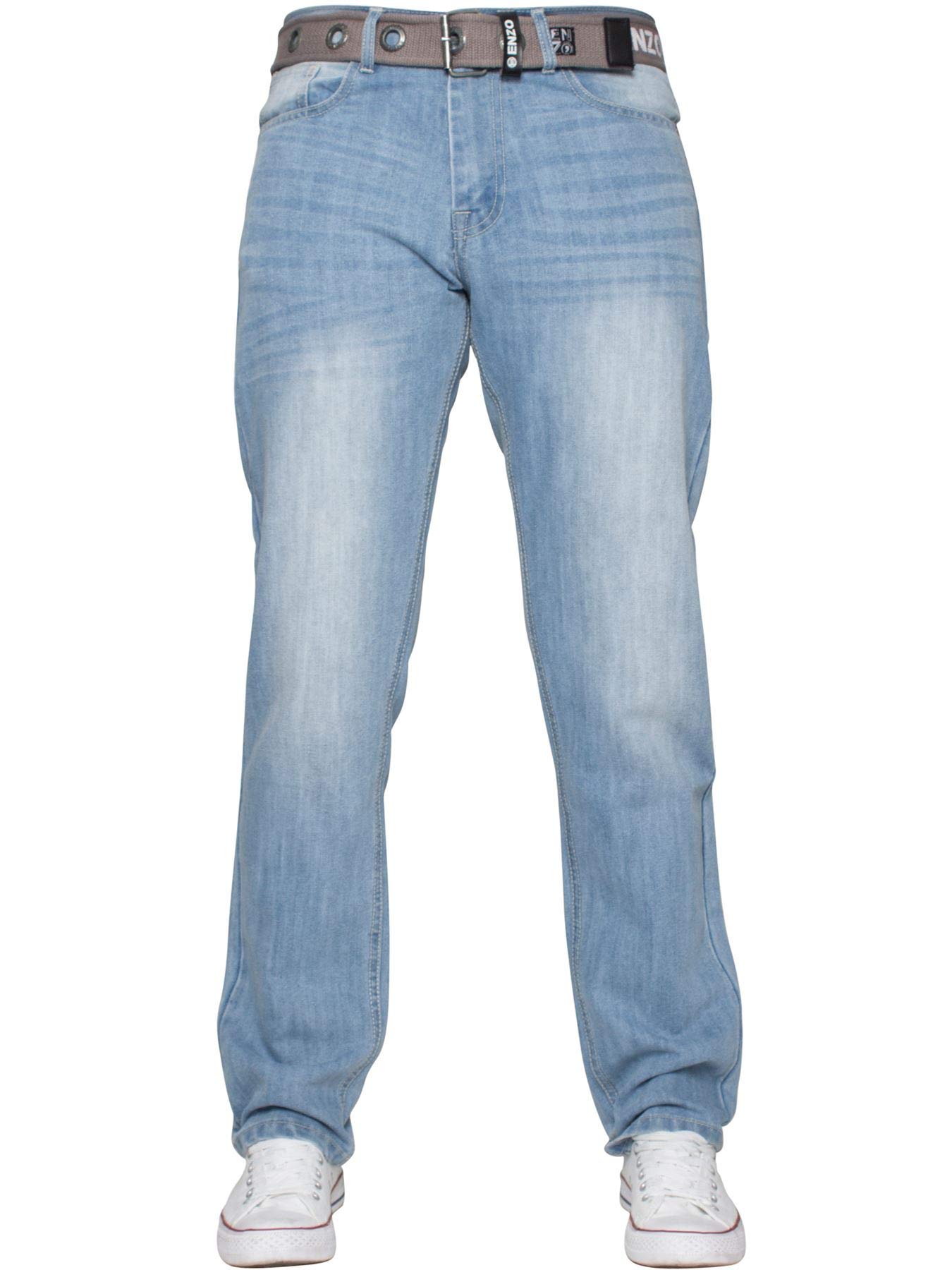 Enzo Mens Straight Leg Belted Jeans 