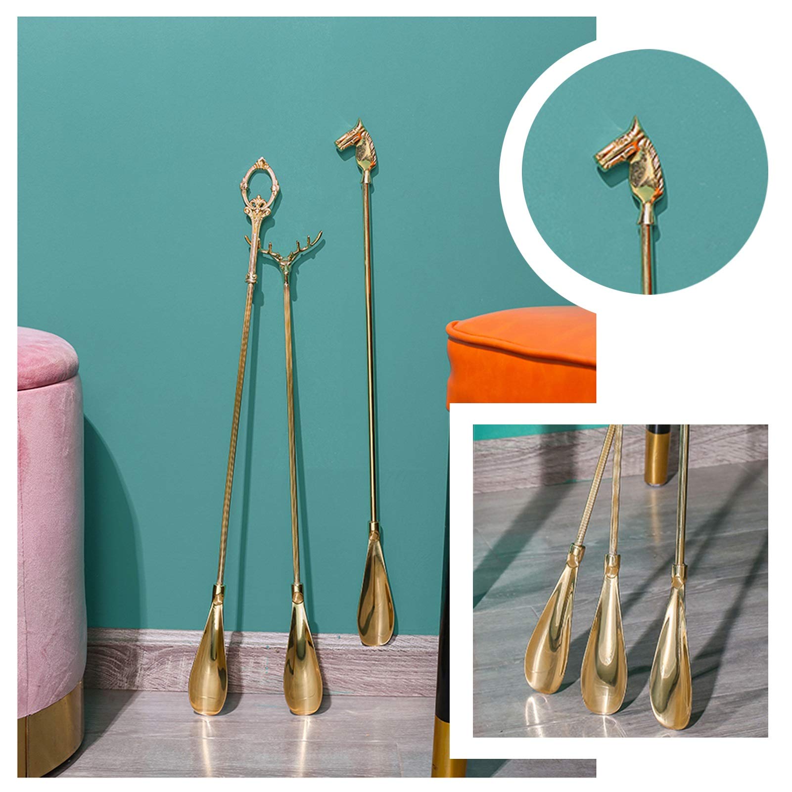 Retro-Schuhlöffel aus Messing mit langem Griff, Haushalts-Schuhheber aus Metall (Farbe: Gold, Größe: 58,5 x 4 cm) (Gold 58,5 x 4 cm)