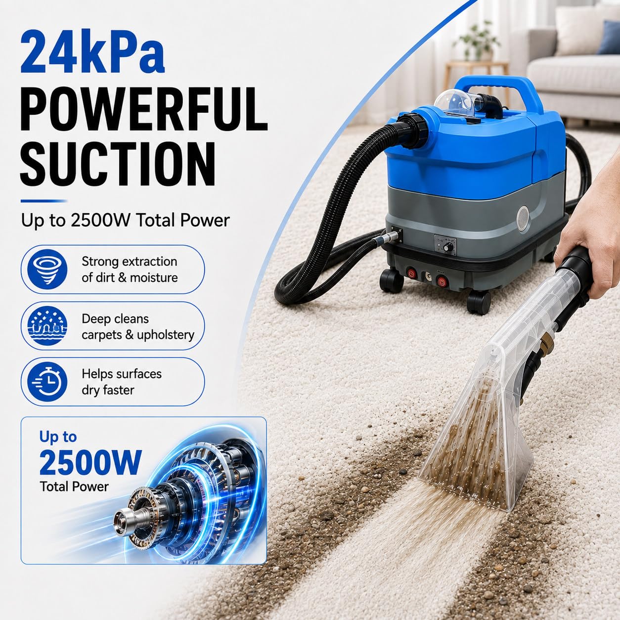 Lavatappeti Commerciale, 2500W 24KPa Pulizia Profonda