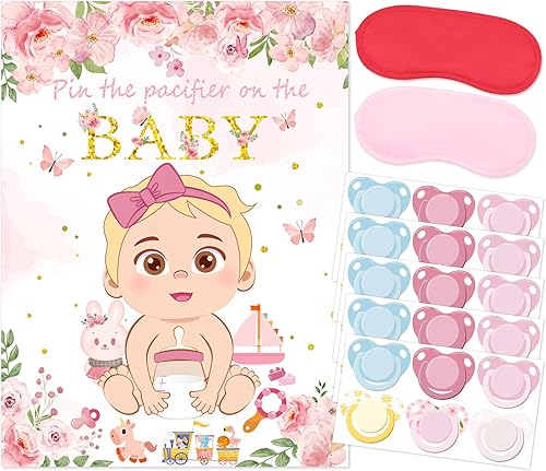 Pin The Chupete On The Baby Shower Juego de decoración de fiesta de baby shower, incluye póster grande, 30 calcomanías para chupete, juego para