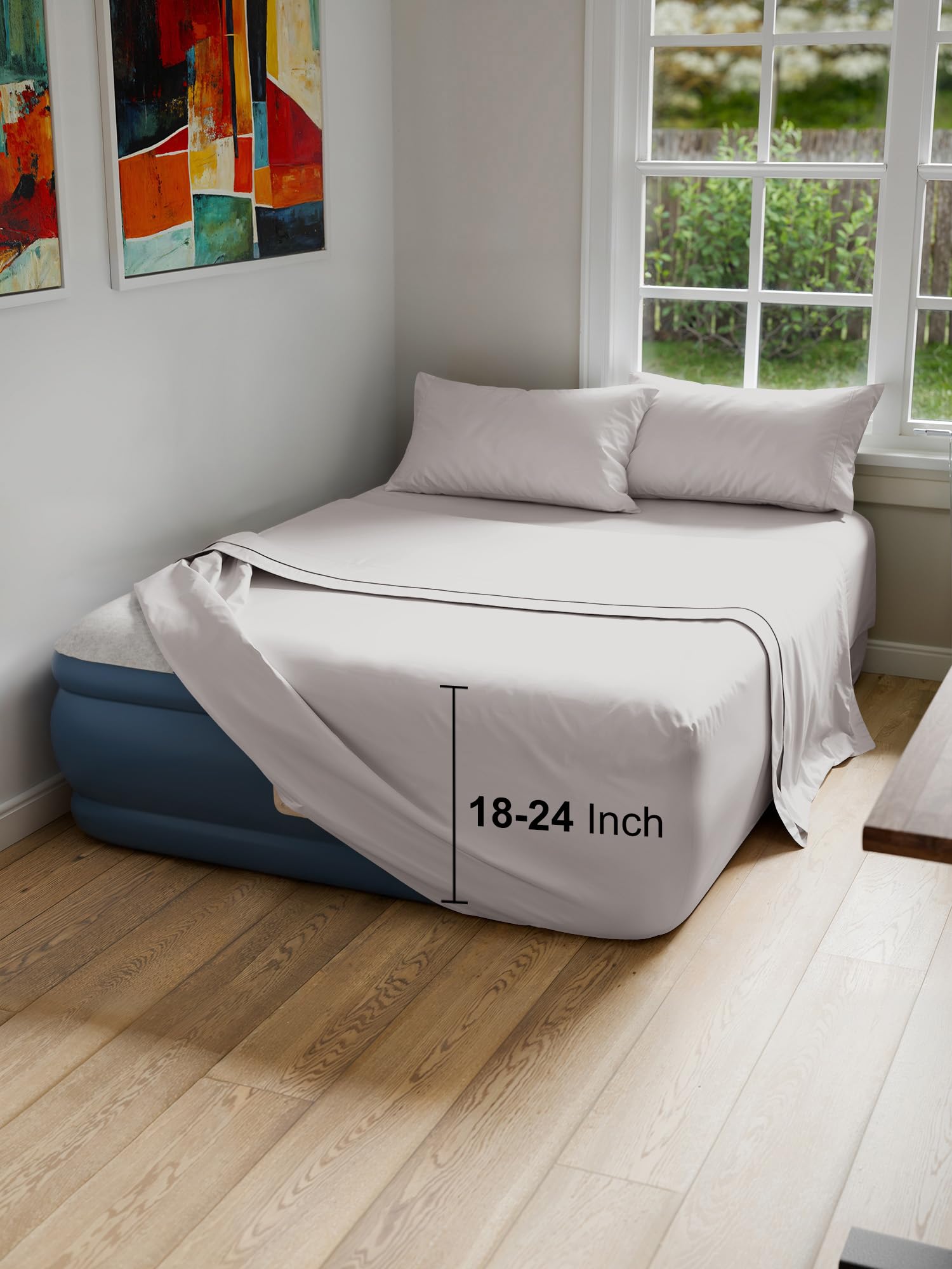 Air Mattress Sheet Set for Queen Size - 4 Piece Breathable & Cooling Sheets w/ Extra Deep Pockets - Fits Inflatable & Blow Up Air Mattresses Up to 24 Inches Thick - Soft & Wrinkle Free - Light Grey