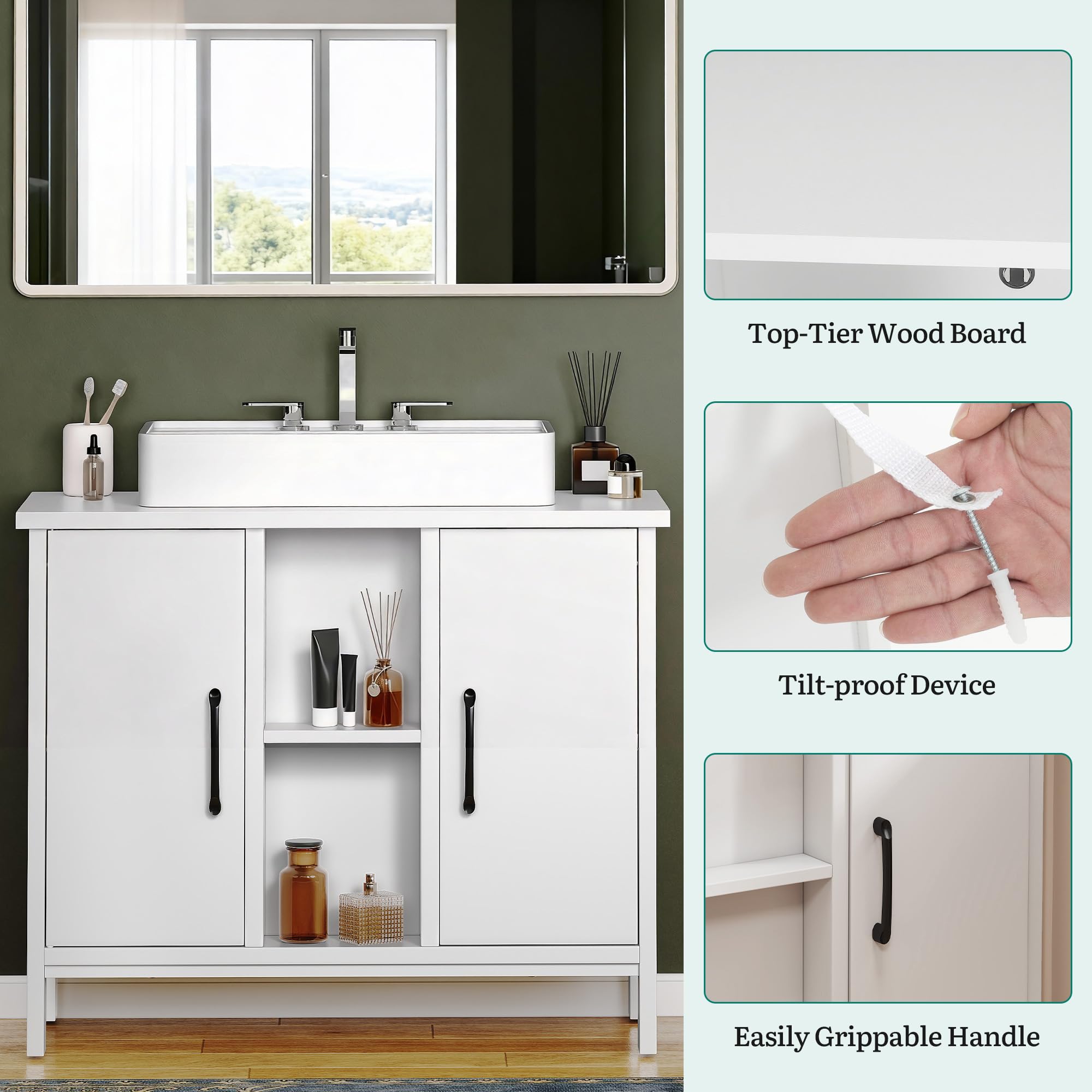 YITAHOME waschbeckenunterschrank mit Zwei geschlossene Schrankelemente, Bad unterschrank 70 cm breit, badezimmerschrank mit offenen Regalen, unterschrank waschbecken, Weiss