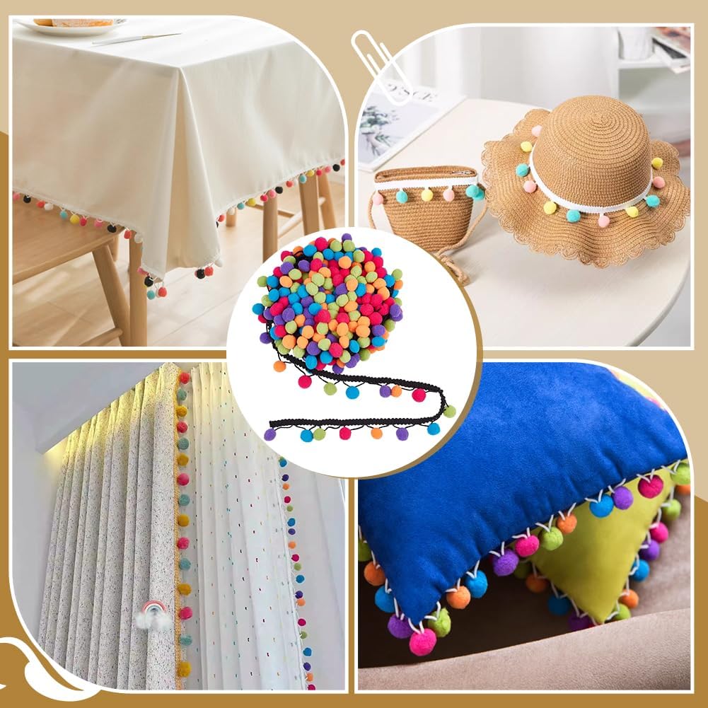 PH PandaHall 13.6 Yards Pom Poms Balls Fringe Trim 1.42inch Black Fringe Ball Trim Colorful Pompoms Tassel Lace Garland Ribbon Crafts for Sewing Pillow Clothing Party Home Decoration, 15mm Ball