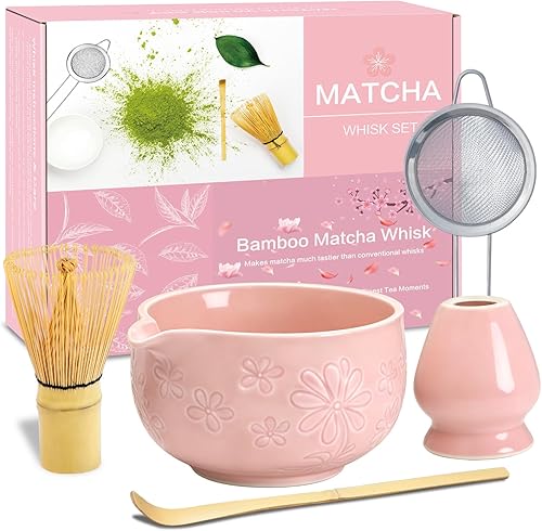 Juego de batidor de matcha, kit de fabricación de matcha de cerámica rosa con batidor tradicional de bambú, cuenco matcha, cuchara, tamiz y soporte,